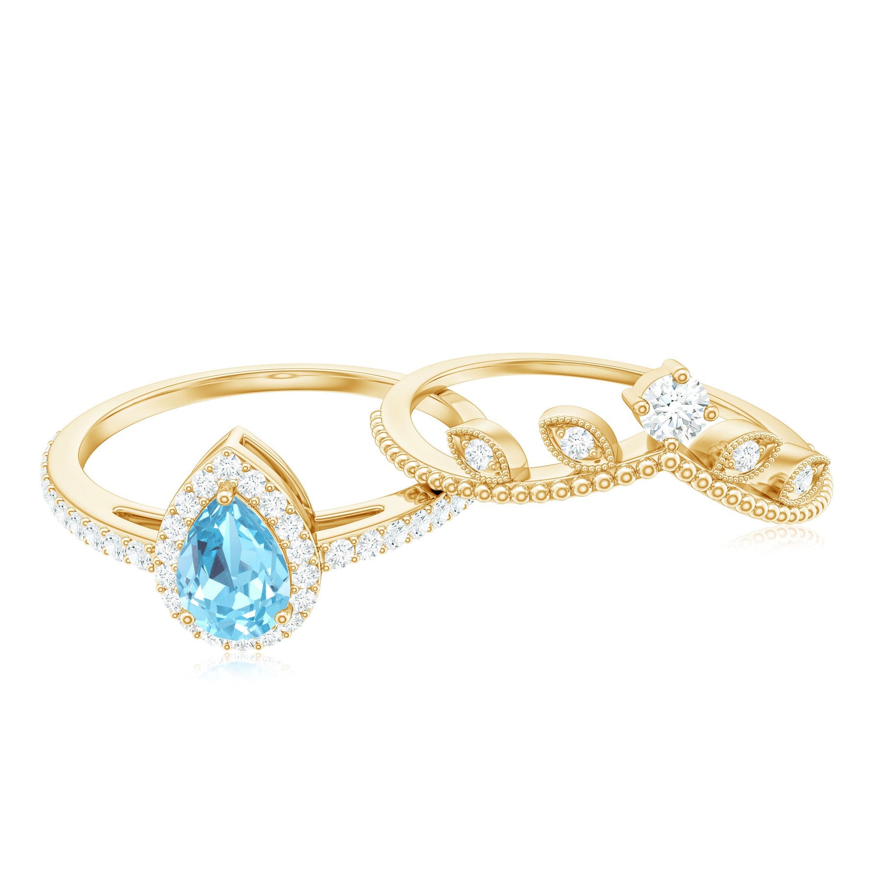 Aquamarine Vintage Teardrop Wedding Ring Set with Diamond