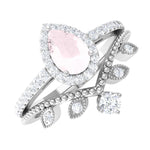 Vintage Inspired Rose Quartz Teardrop Wedding Ring Set with Diamond