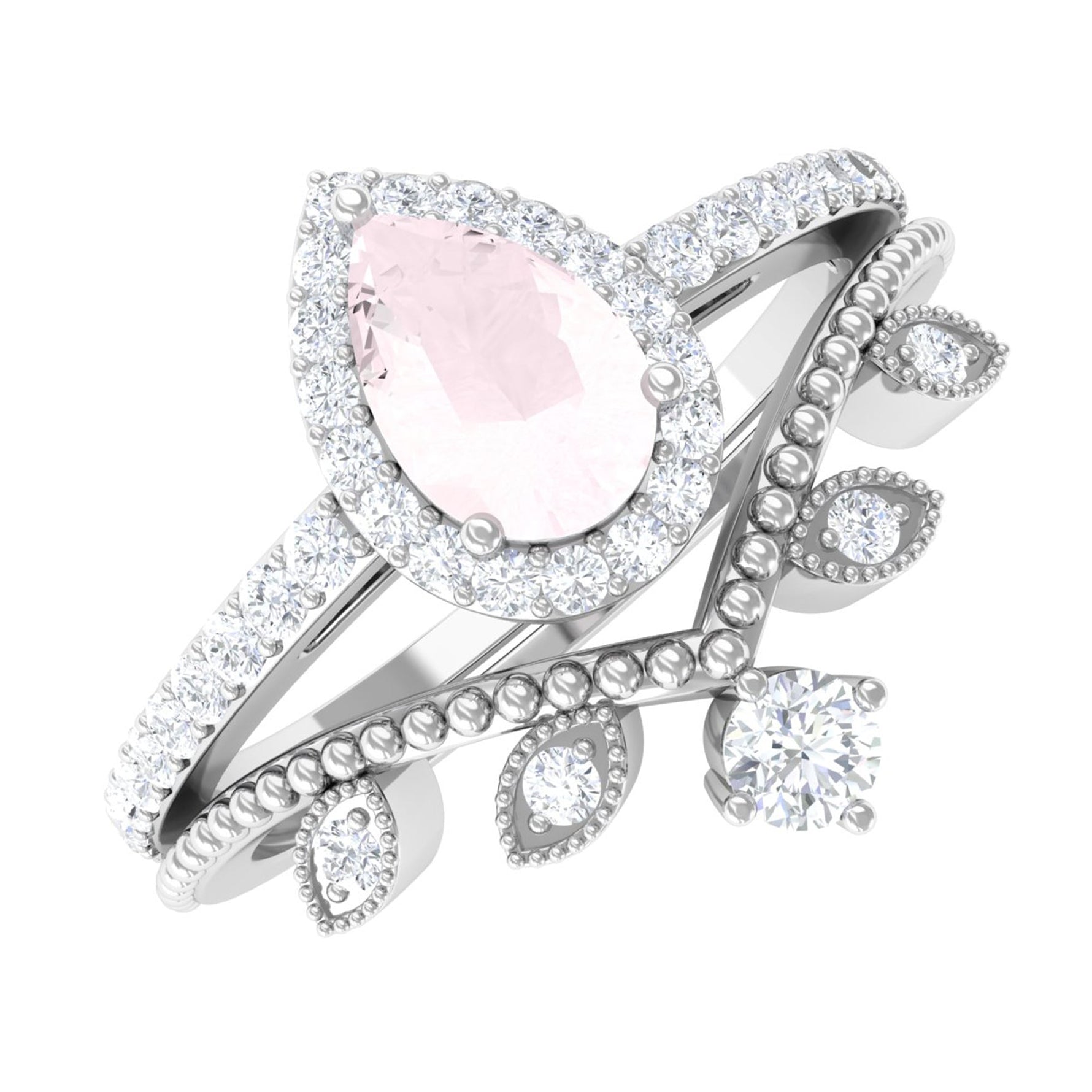 Vintage Inspired Rose Quartz Teardrop Wedding Ring Set with Diamond