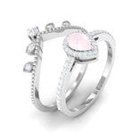 Vintage Inspired Rose Quartz Teardrop Wedding Ring Set with Diamond