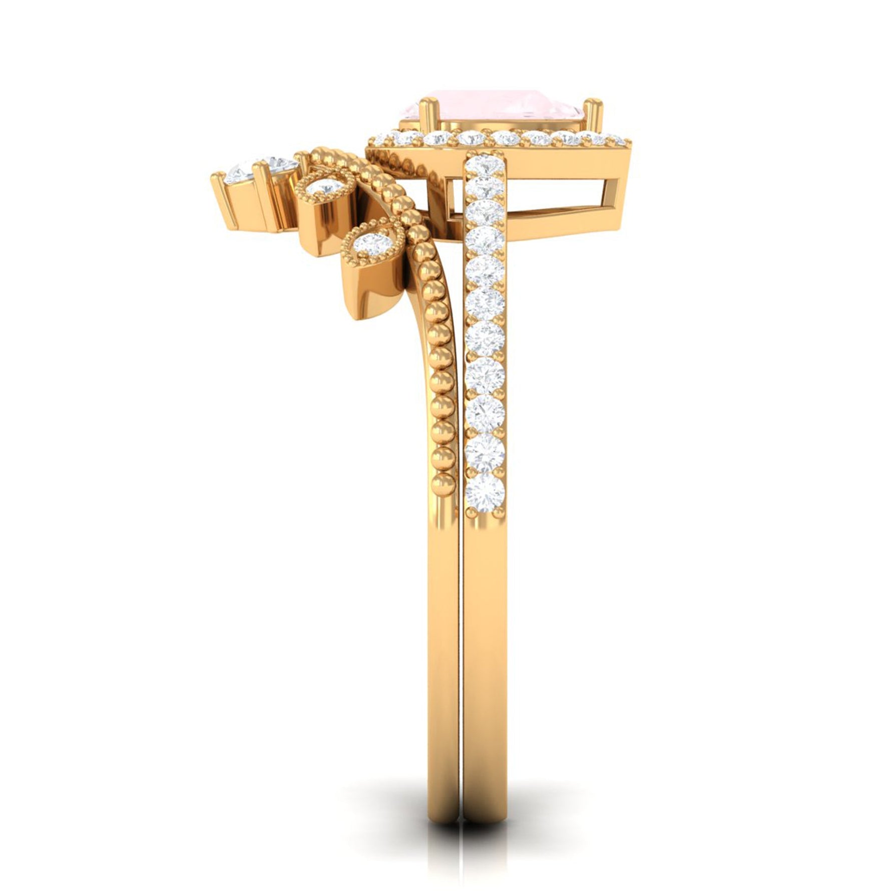 Vintage Inspired Rose Quartz Teardrop Wedding Ring Set with Diamond