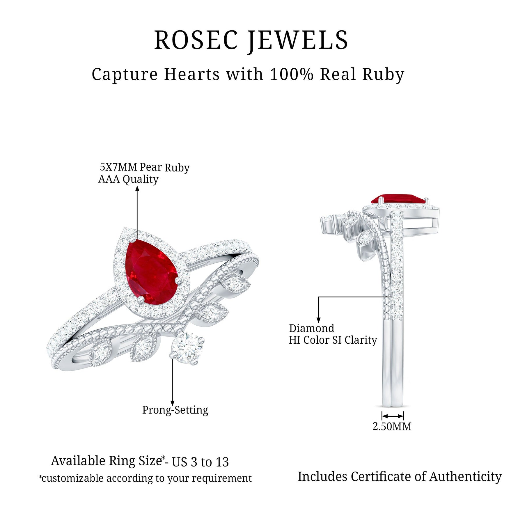 Ruby Vintage Teardrop Wedding Ring Set with Diamond