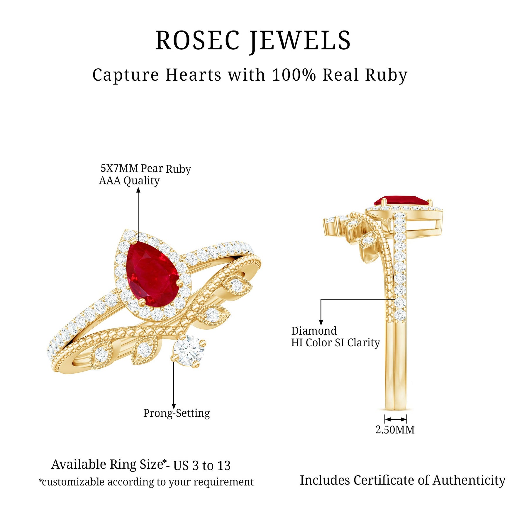 Ruby Vintage Teardrop Wedding Ring Set with Diamond