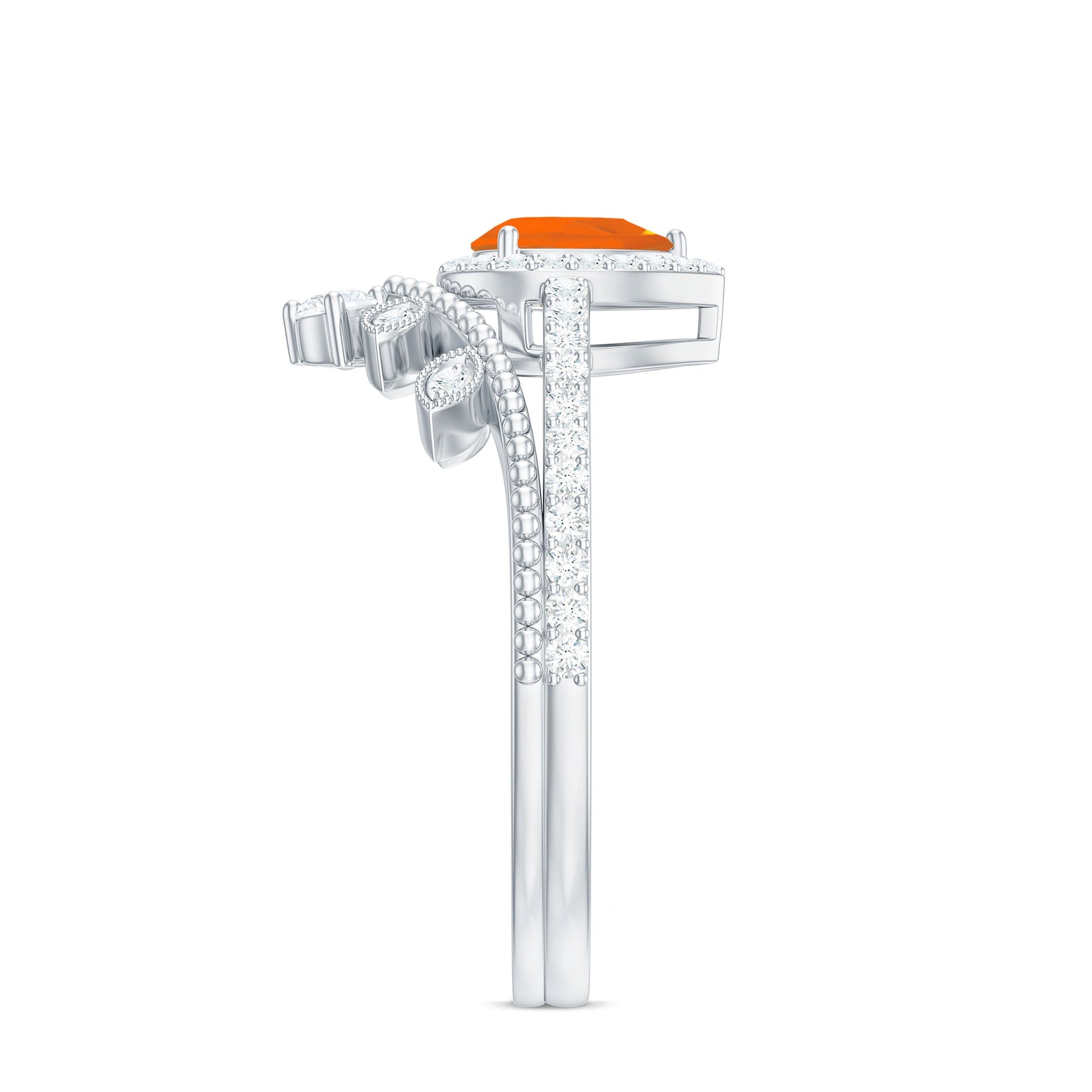 Vintage Inspired Fire Opal Teardrop Wedding Ring Set with Diamond