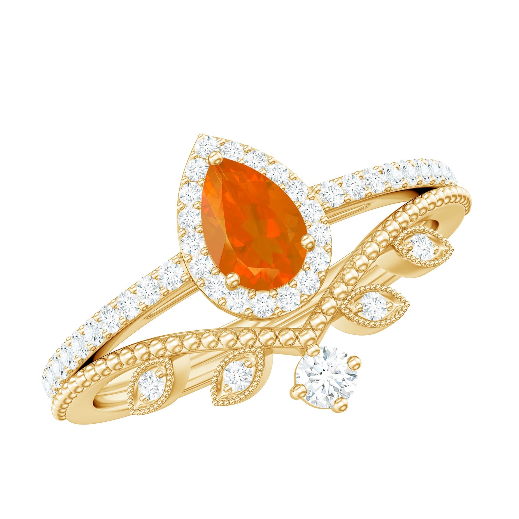 Vintage Inspired Fire Opal Teardrop Wedding Ring Set with Diamond