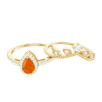 Vintage Inspired Fire Opal Teardrop Wedding Ring Set with Diamond