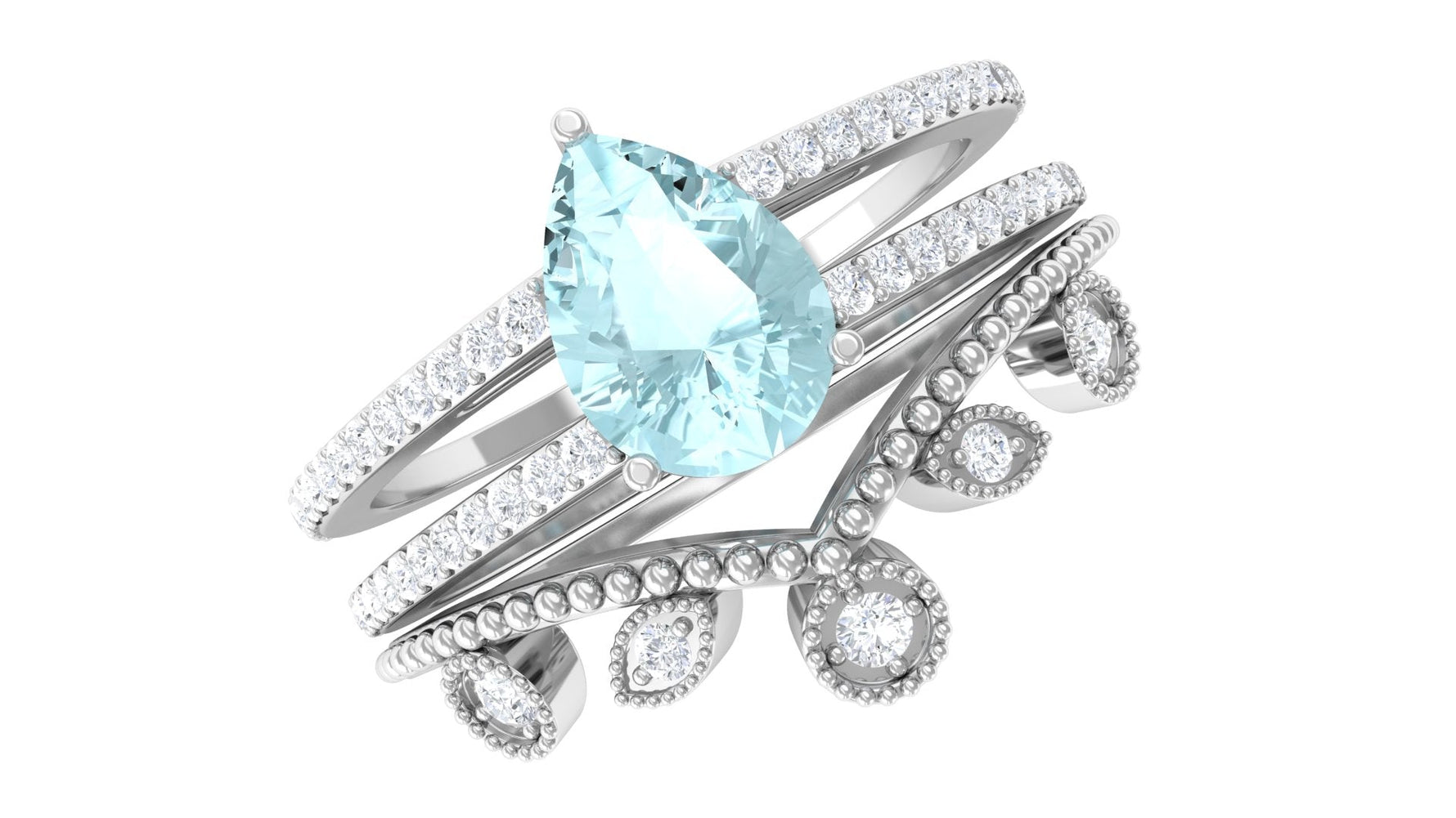 Pear Cut Real Sky Blue Topaz and Diamond Wedding Ring Set