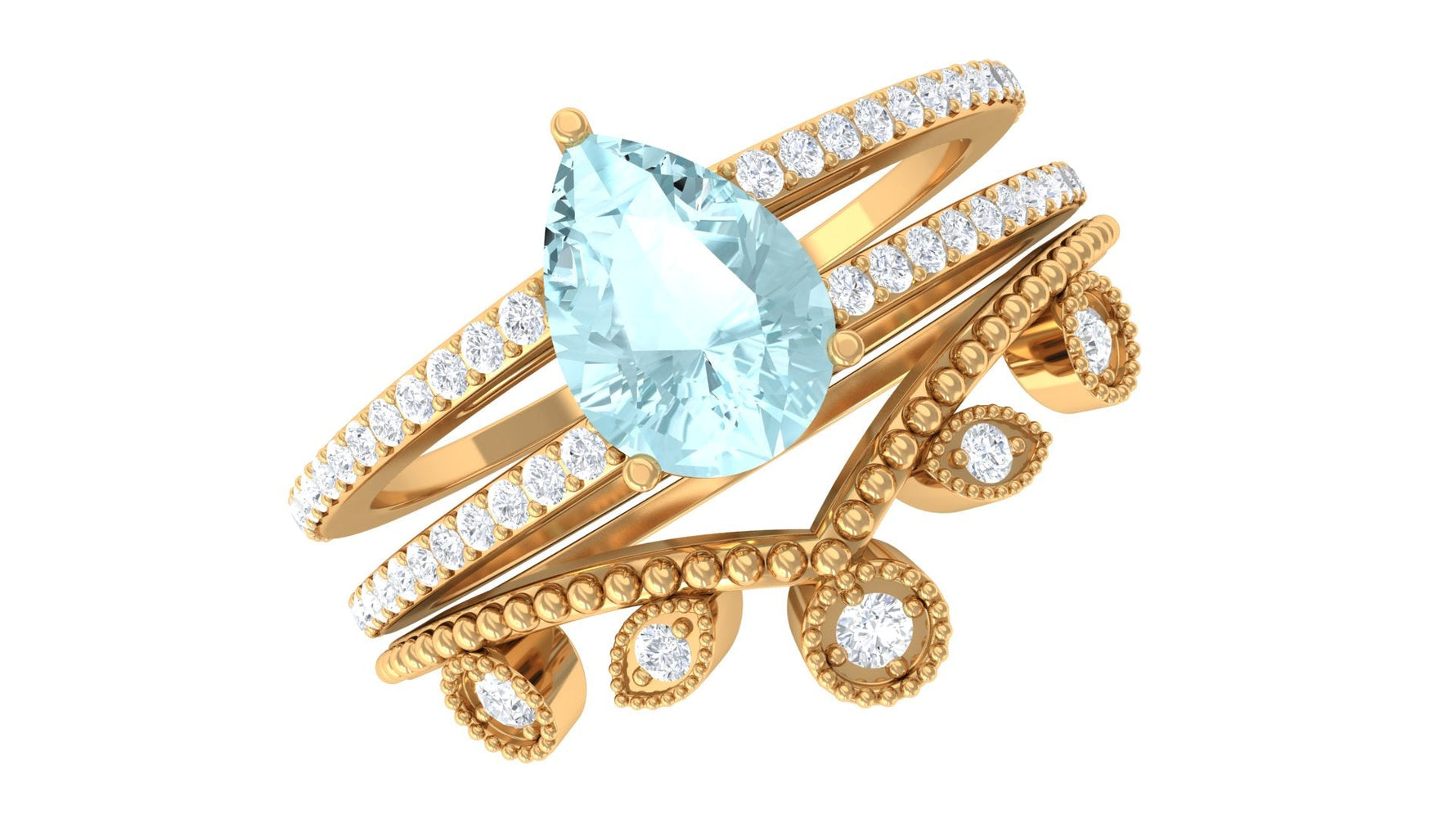 Pear Cut Real Sky Blue Topaz and Diamond Wedding Ring Set