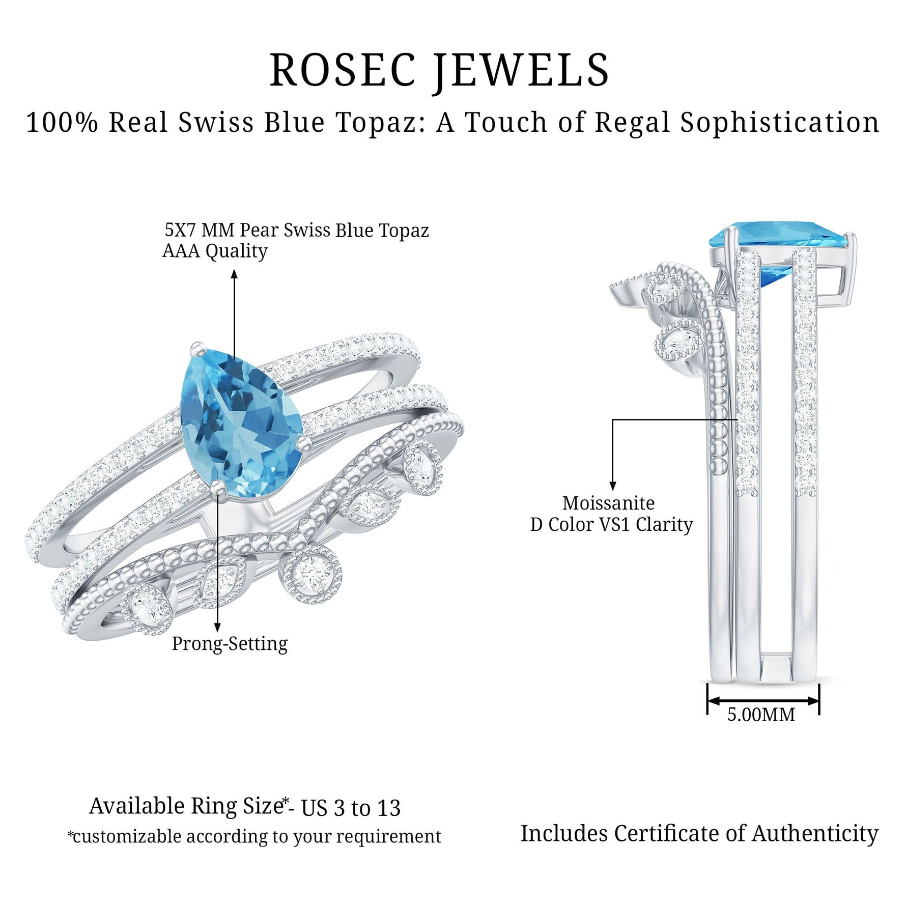 Pear Cut Natural Swiss Blue Topaz and Moissanite Wedding Ring Set