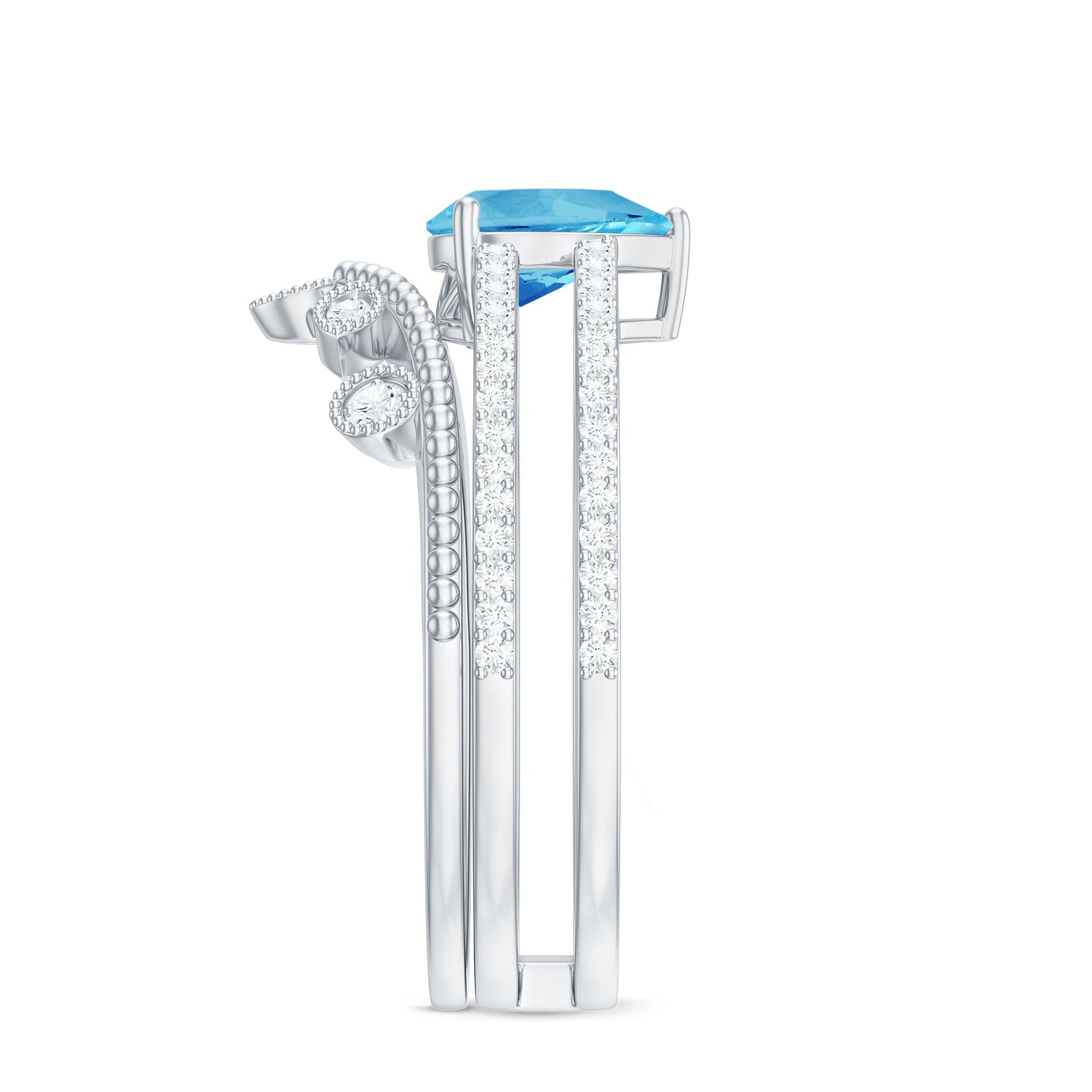 Pear Cut Natural Swiss Blue Topaz and Moissanite Wedding Ring Set