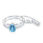 Pear Cut Natural Swiss Blue Topaz and Moissanite Wedding Ring Set