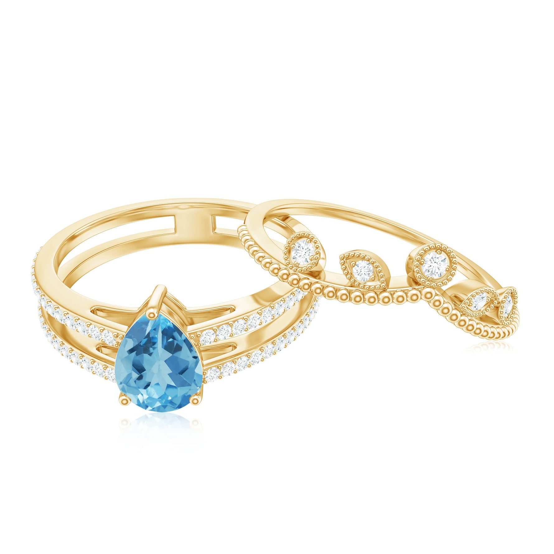 Pear Cut Natural Swiss Blue Topaz and Moissanite Wedding Ring Set