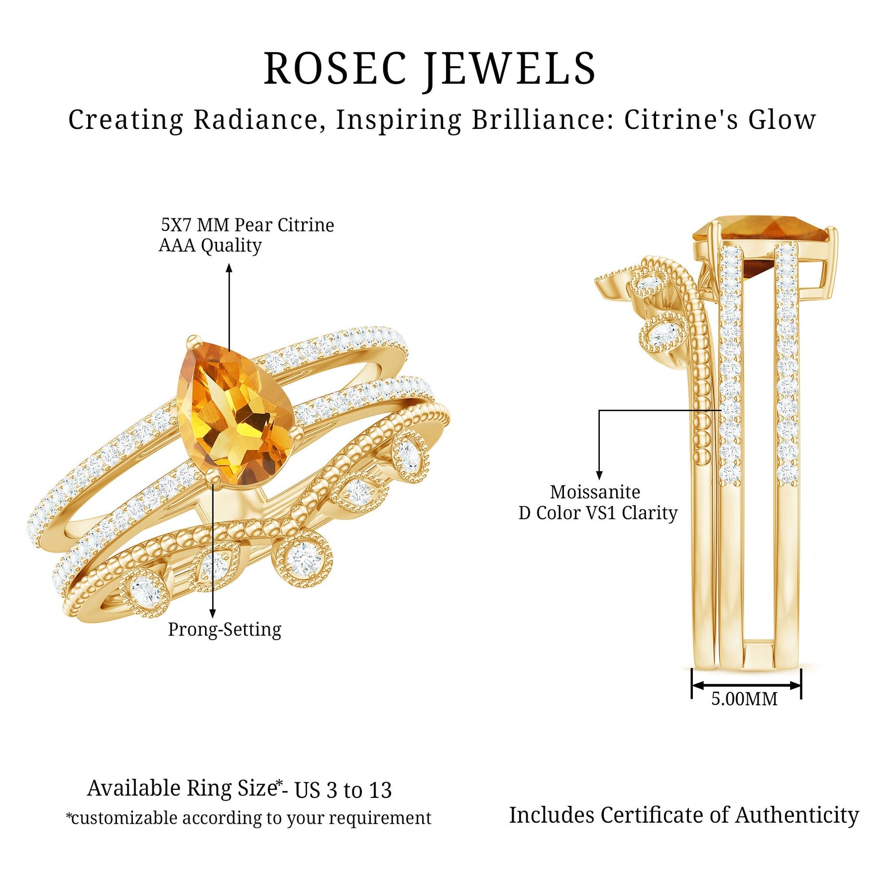 Pear Cut Natural Citrine and Moissanite Wedding Ring Set