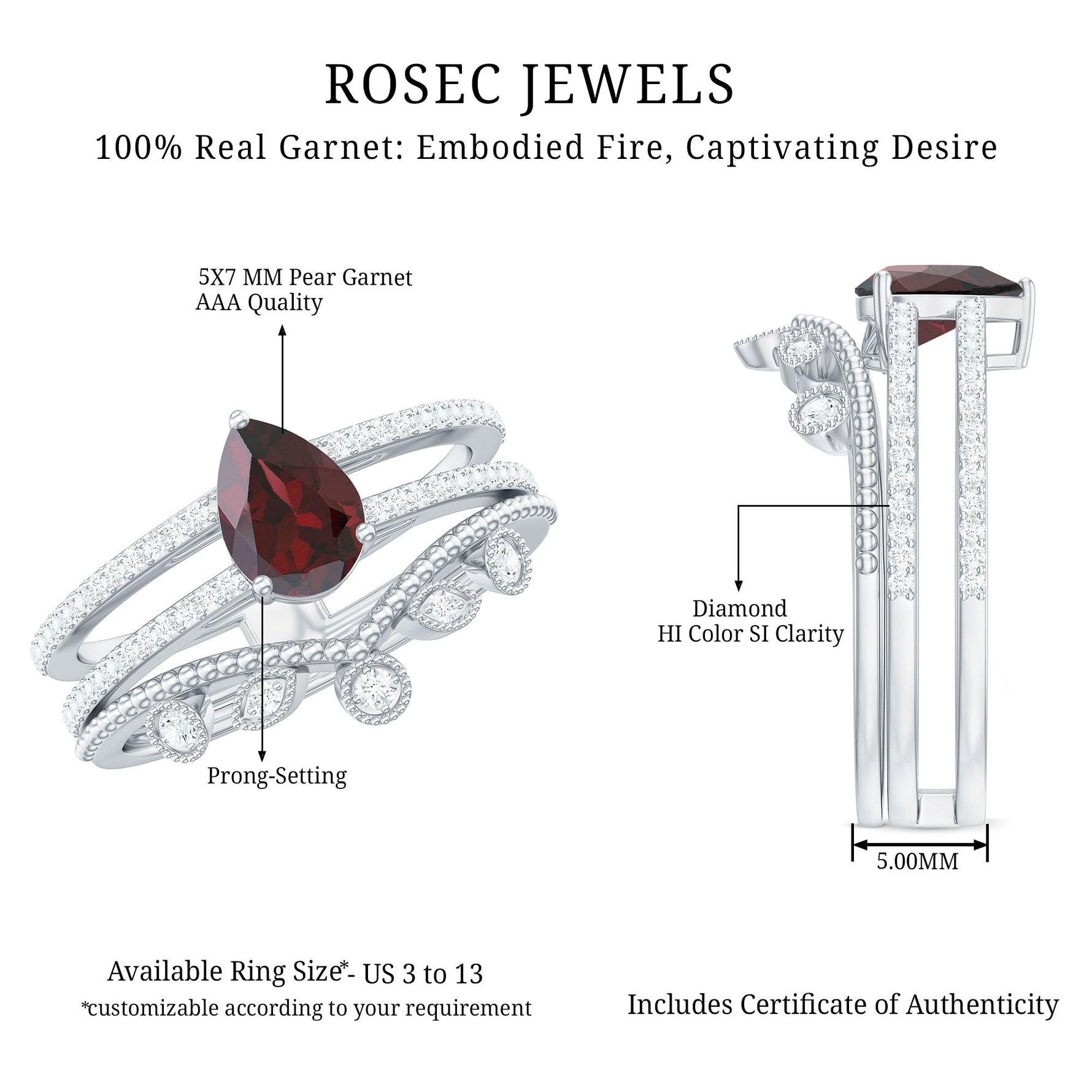 Natural Garnet Diamond Double Band Engagement Ring Wedding Band