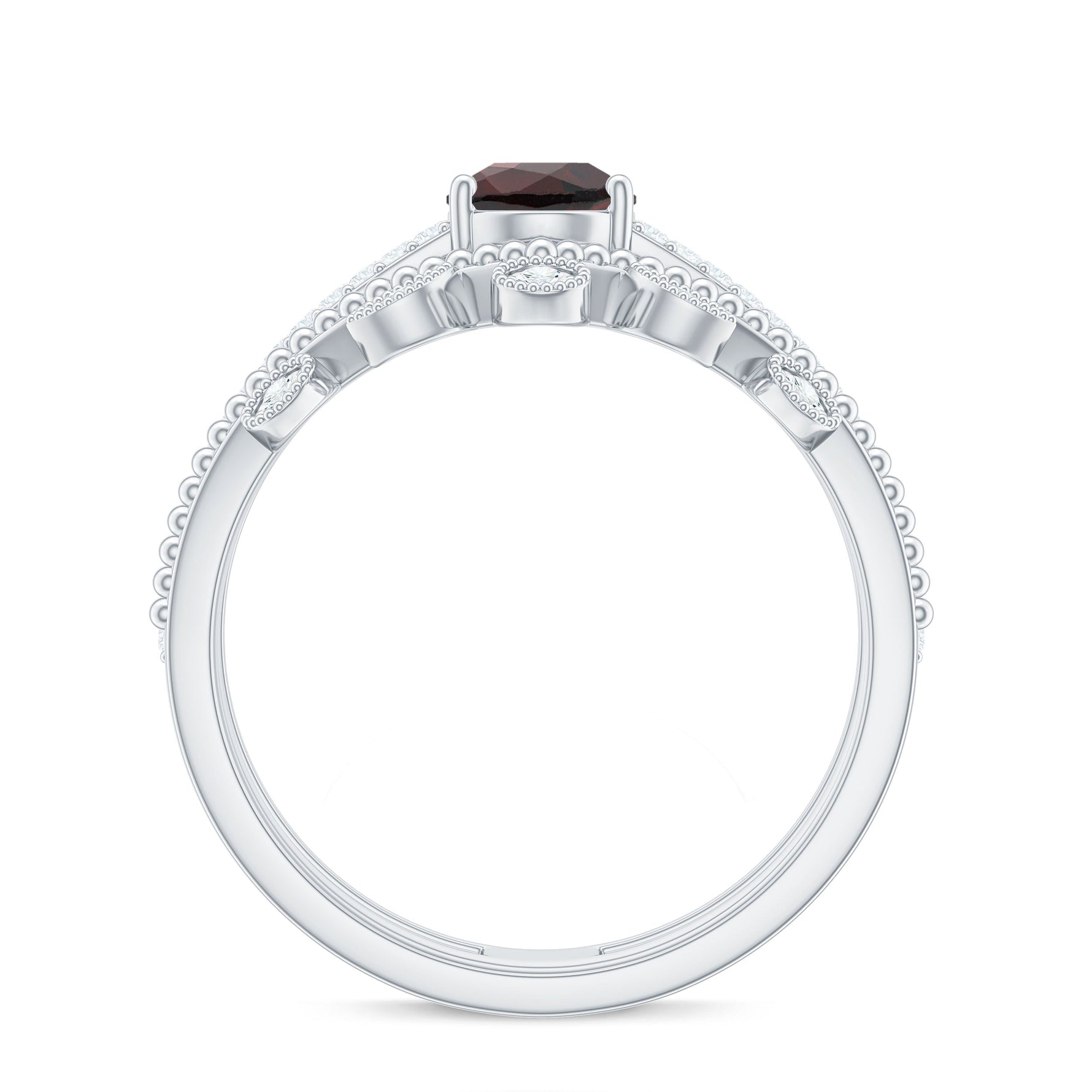 Natural Garnet Diamond Double Band Engagement Ring Wedding Band
