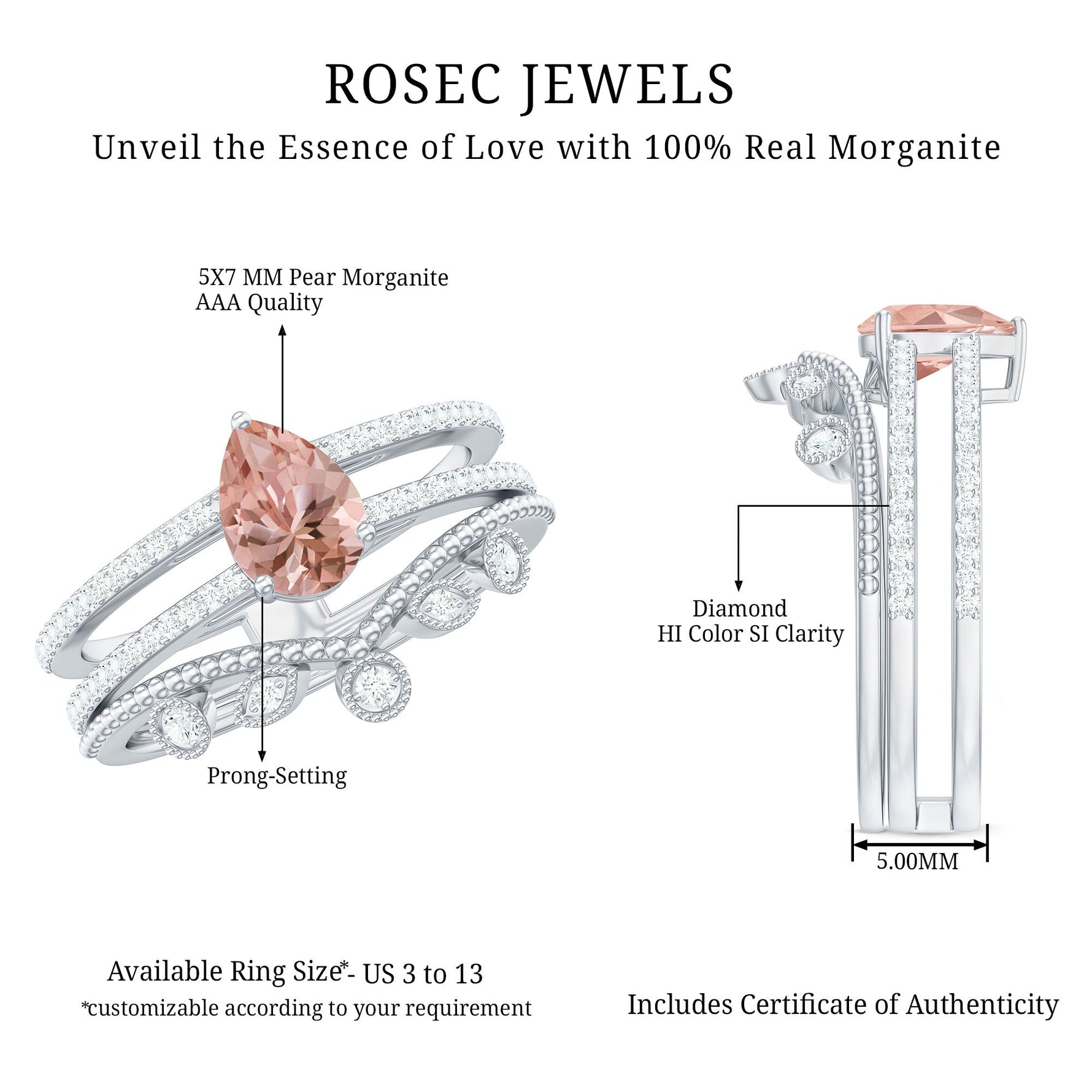 Pear Cut Natural Morganite and Diamond Wedding Ring Set