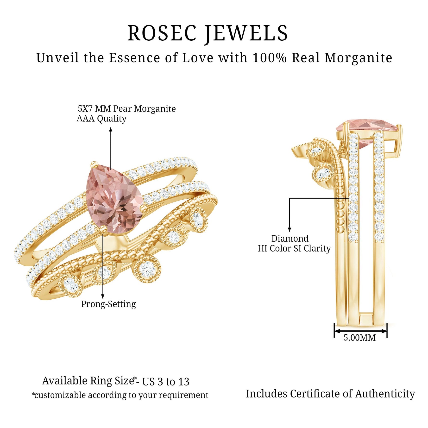 Pear Cut Natural Morganite and Diamond Wedding Ring Set
