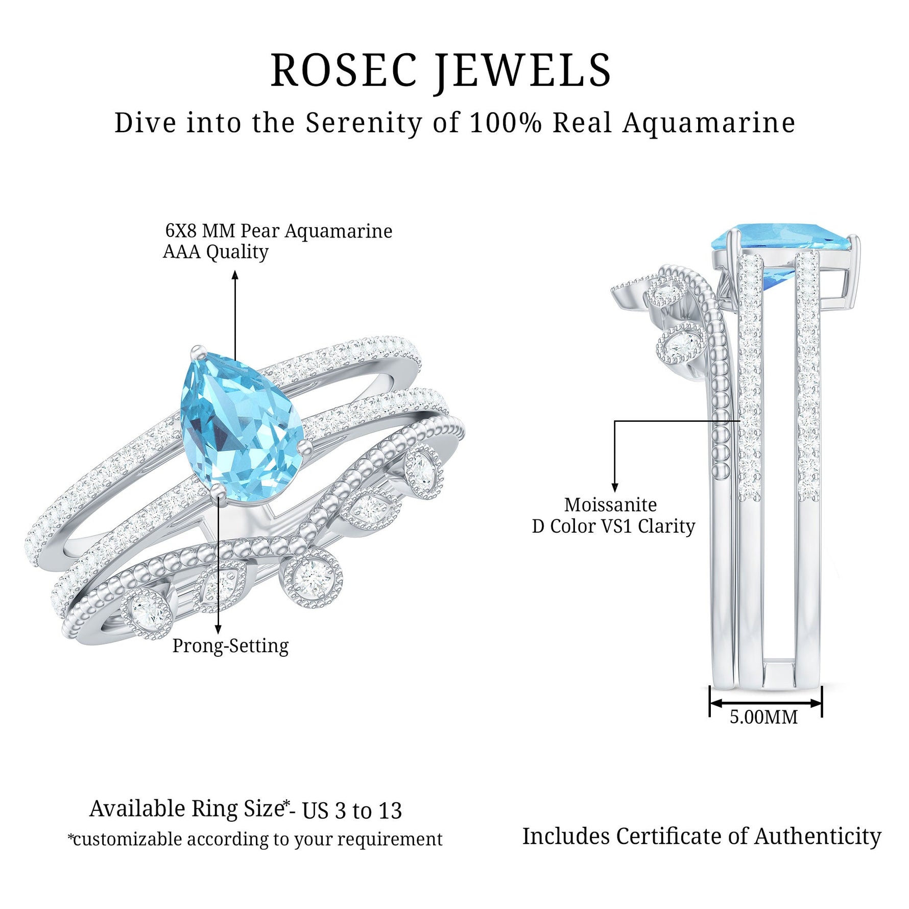 Pear Cut Real Aquamarine and Moissanite Wedding Ring Set