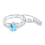 Pear Cut Real Aquamarine and Moissanite Wedding Ring Set