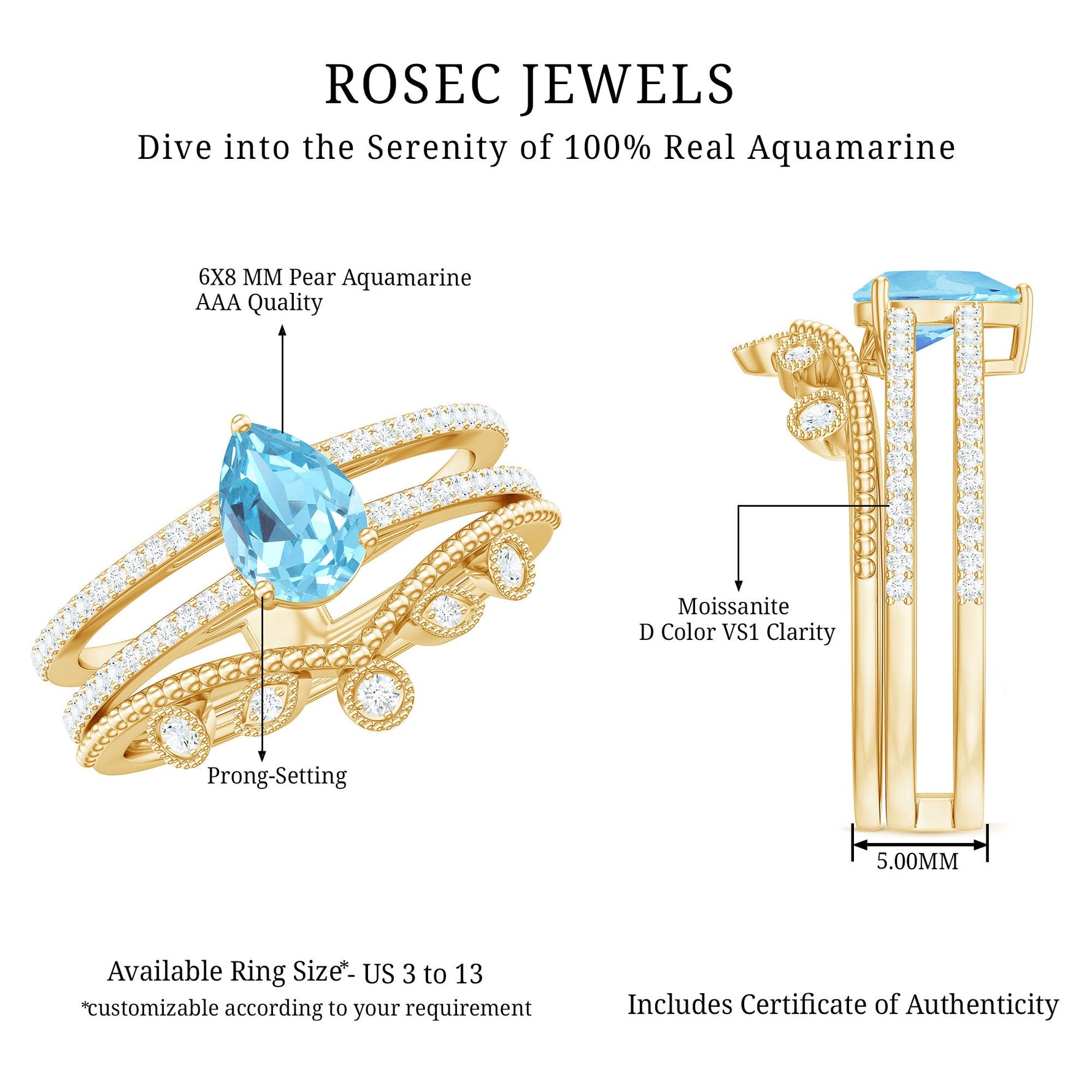 Pear Cut Real Aquamarine and Moissanite Wedding Ring Set