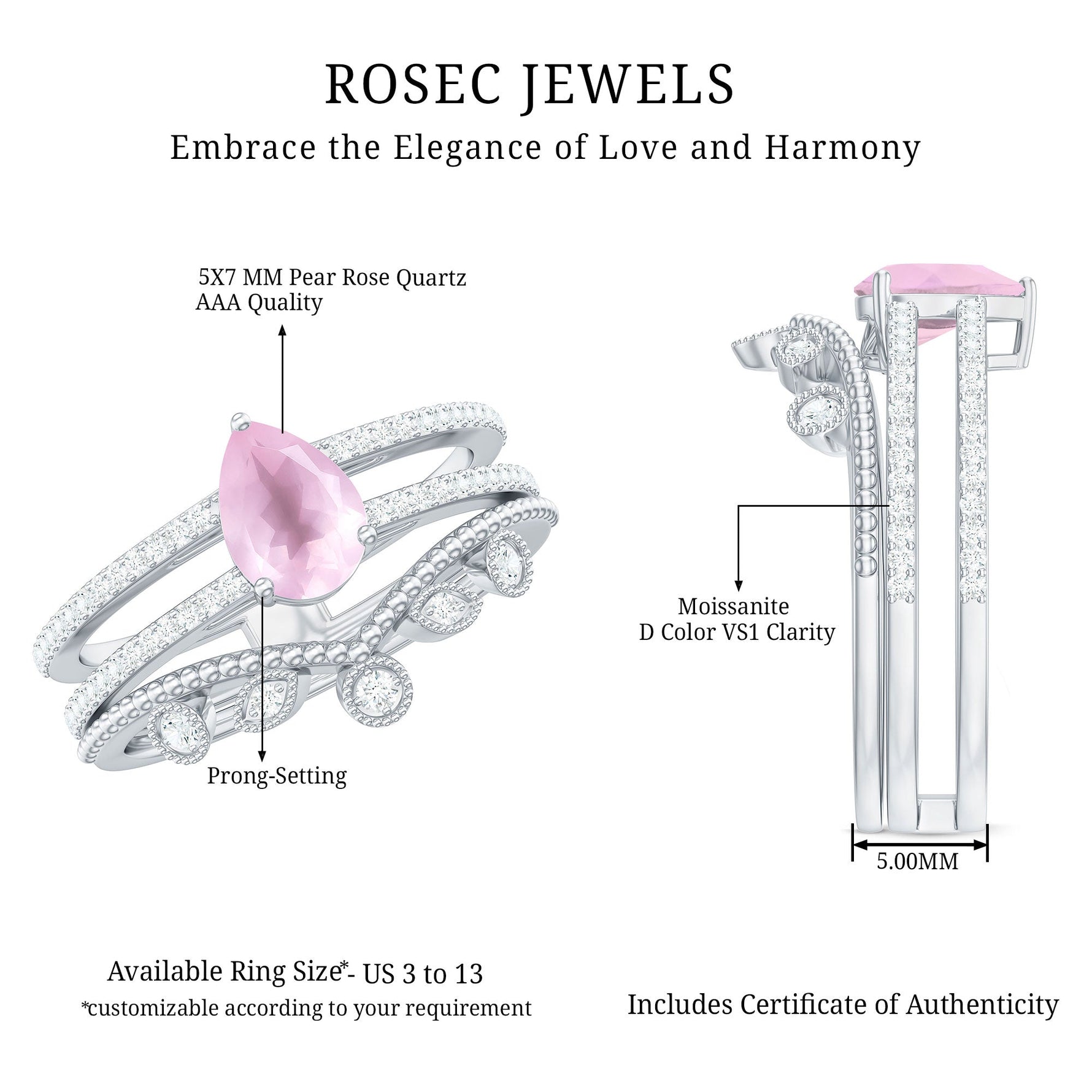 Pear Cut Natural Rose Quartz and Moissanite Wedding Ring Set