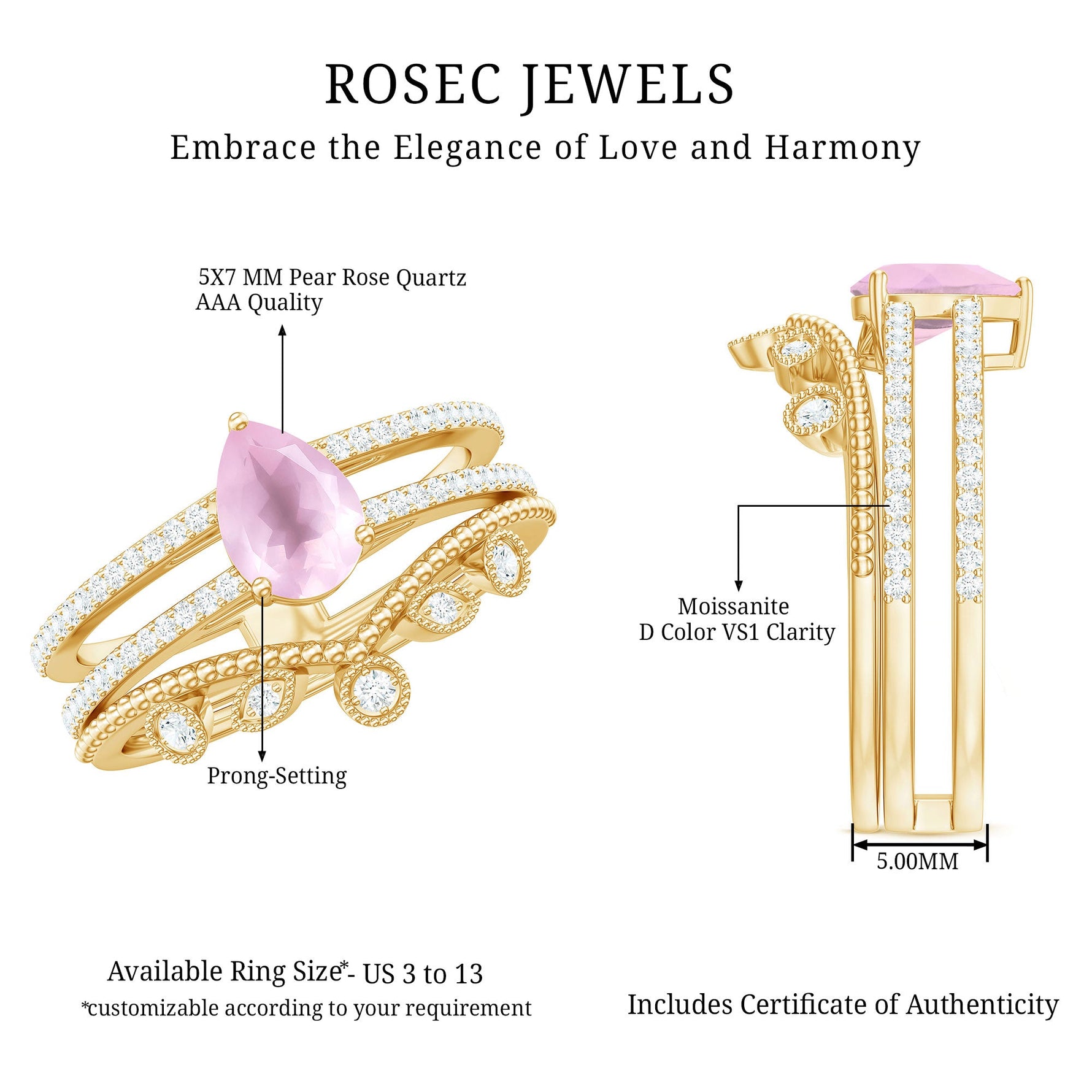 Pear Cut Natural Rose Quartz and Moissanite Wedding Ring Set