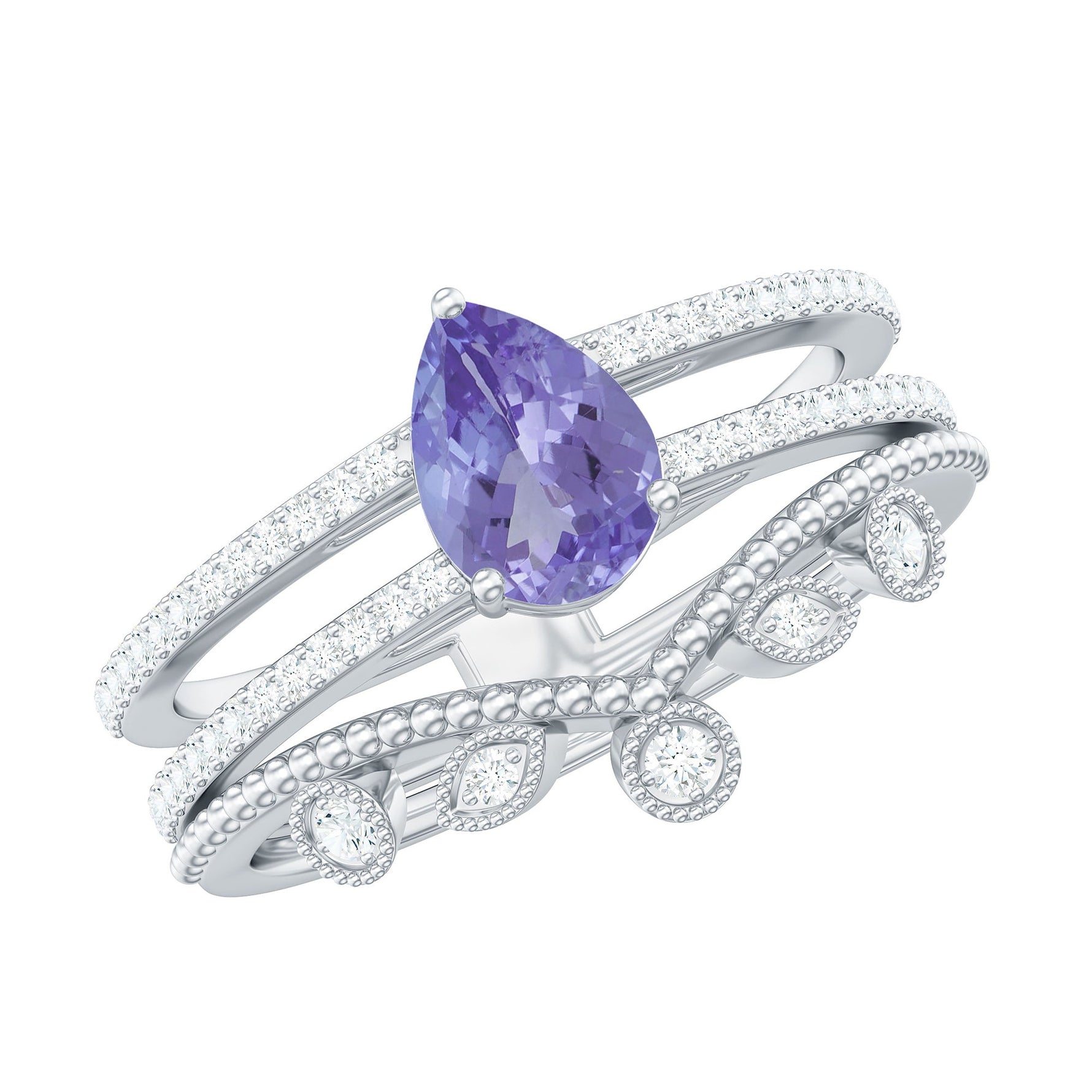Pear Cut Natural Tanzanite and Diamond Wedding Ring Set