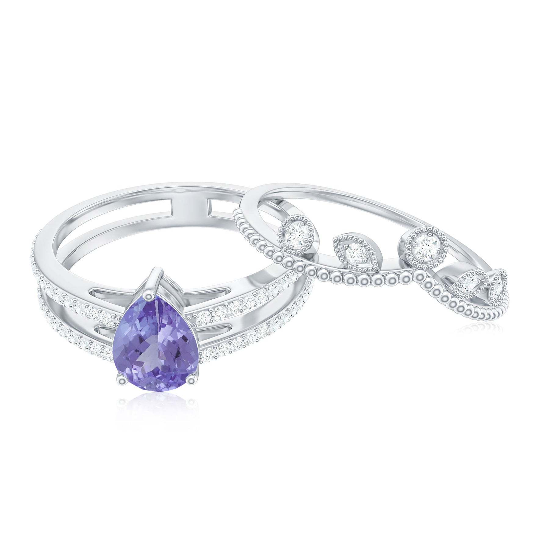 Pear Cut Natural Tanzanite and Diamond Wedding Ring Set