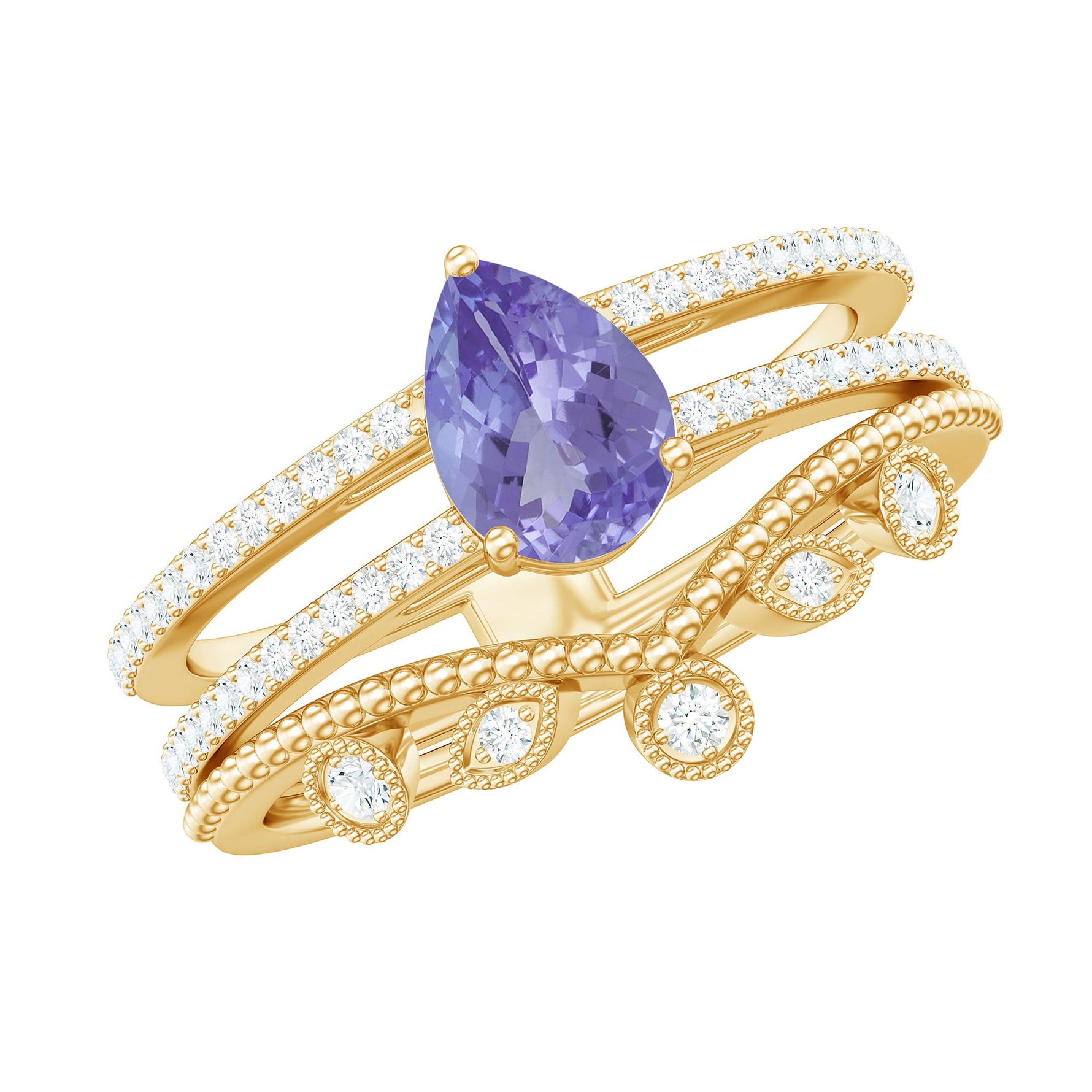 Pear Cut Natural Tanzanite and Diamond Wedding Ring Set
