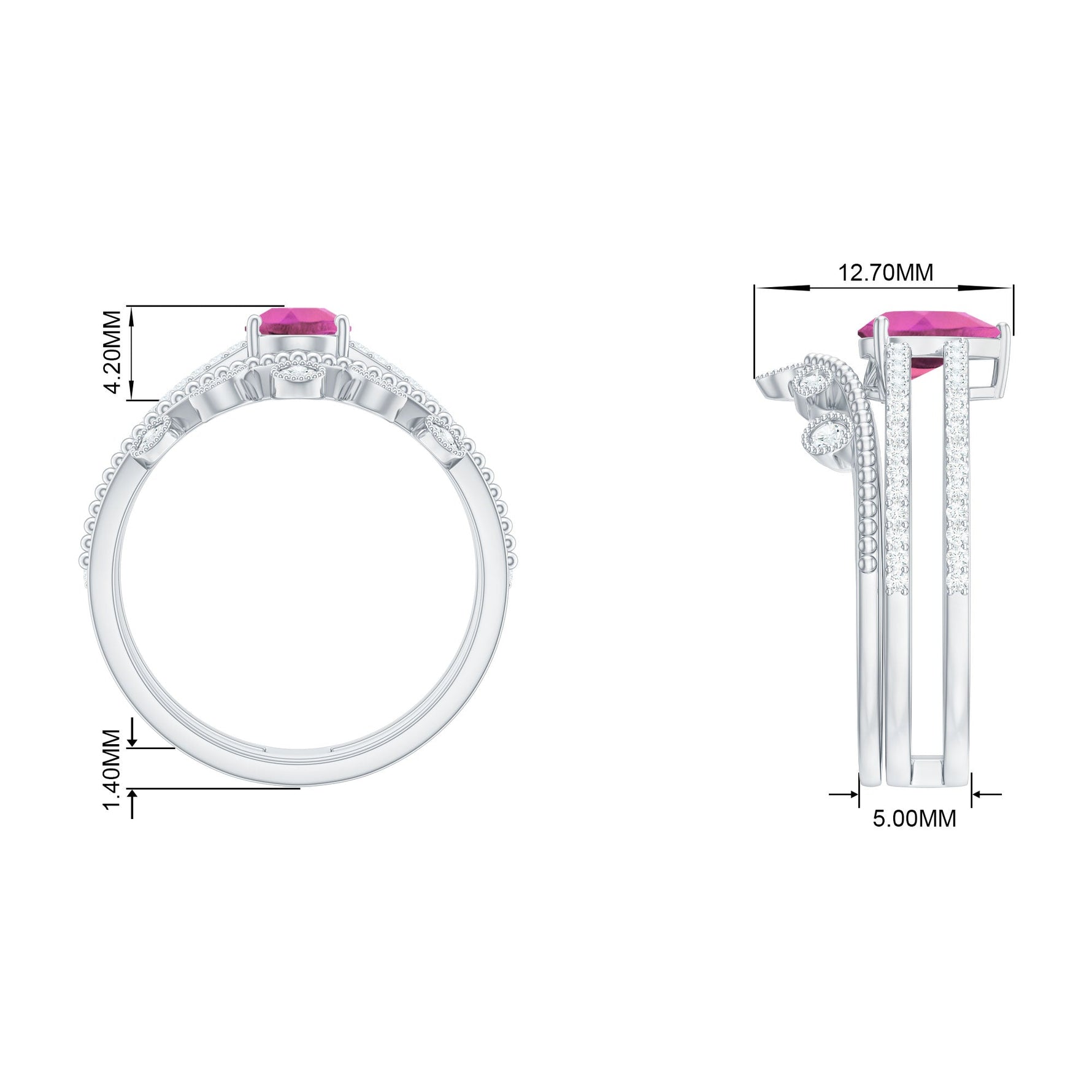 Pear Cut Real Pink tourmaline and Moissanite Wedding Ring Set