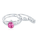 Pear Cut Real Pink tourmaline and Moissanite Wedding Ring Set