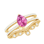 Pear Cut Real Pink tourmaline and Moissanite Wedding Ring Set