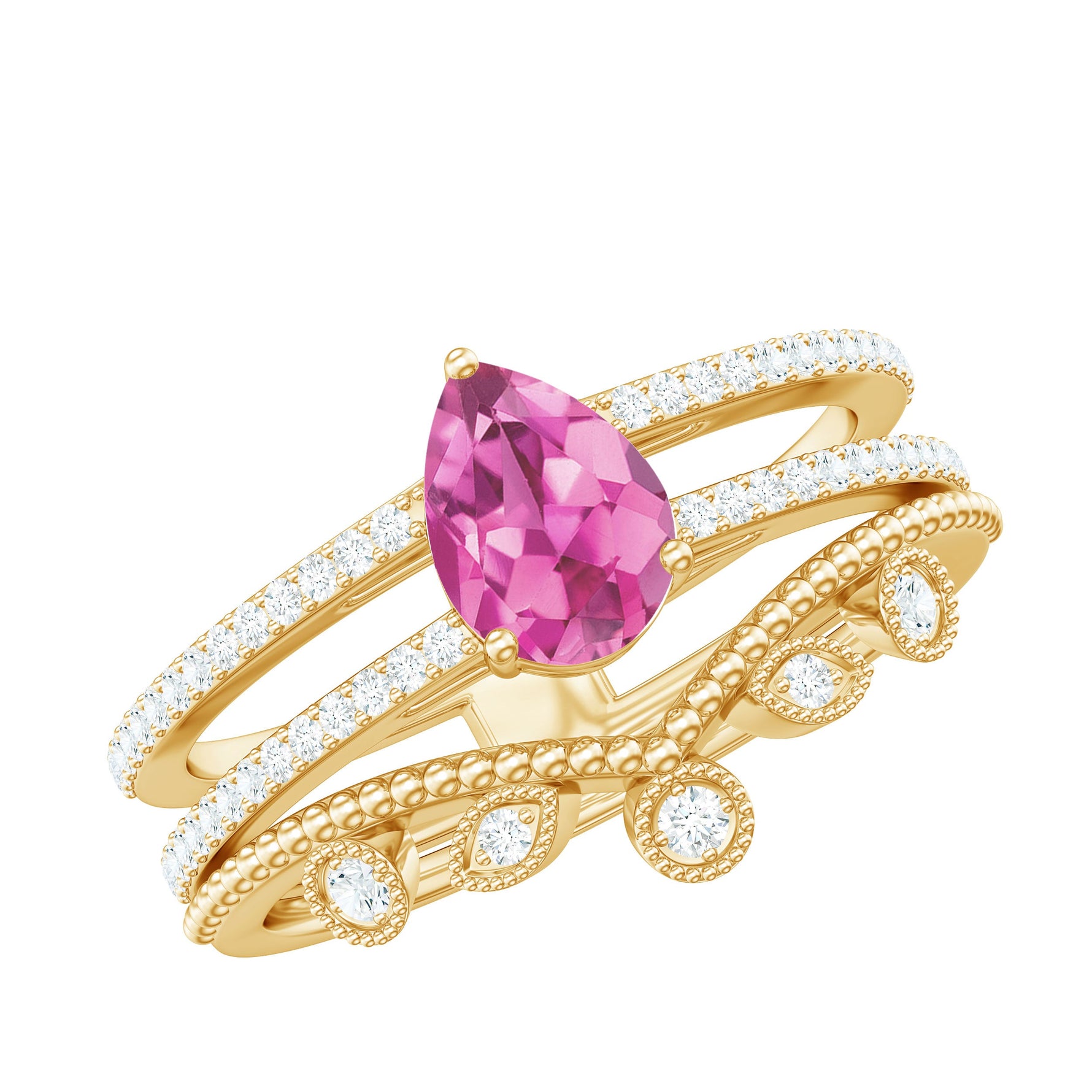 Pear Cut Real Pink tourmaline and Moissanite Wedding Ring Set