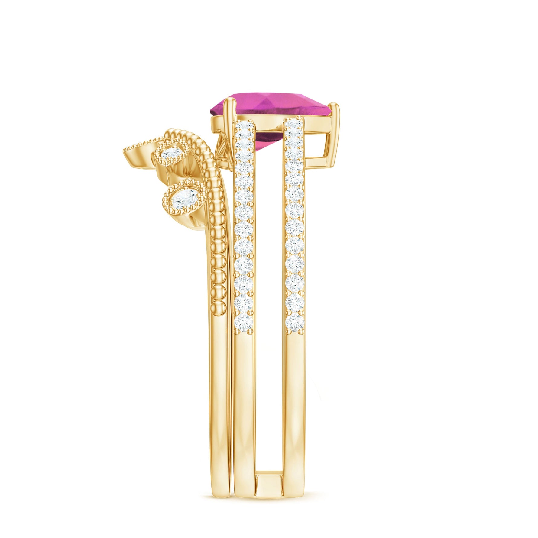 Pear Cut Real Pink tourmaline and Moissanite Wedding Ring Set