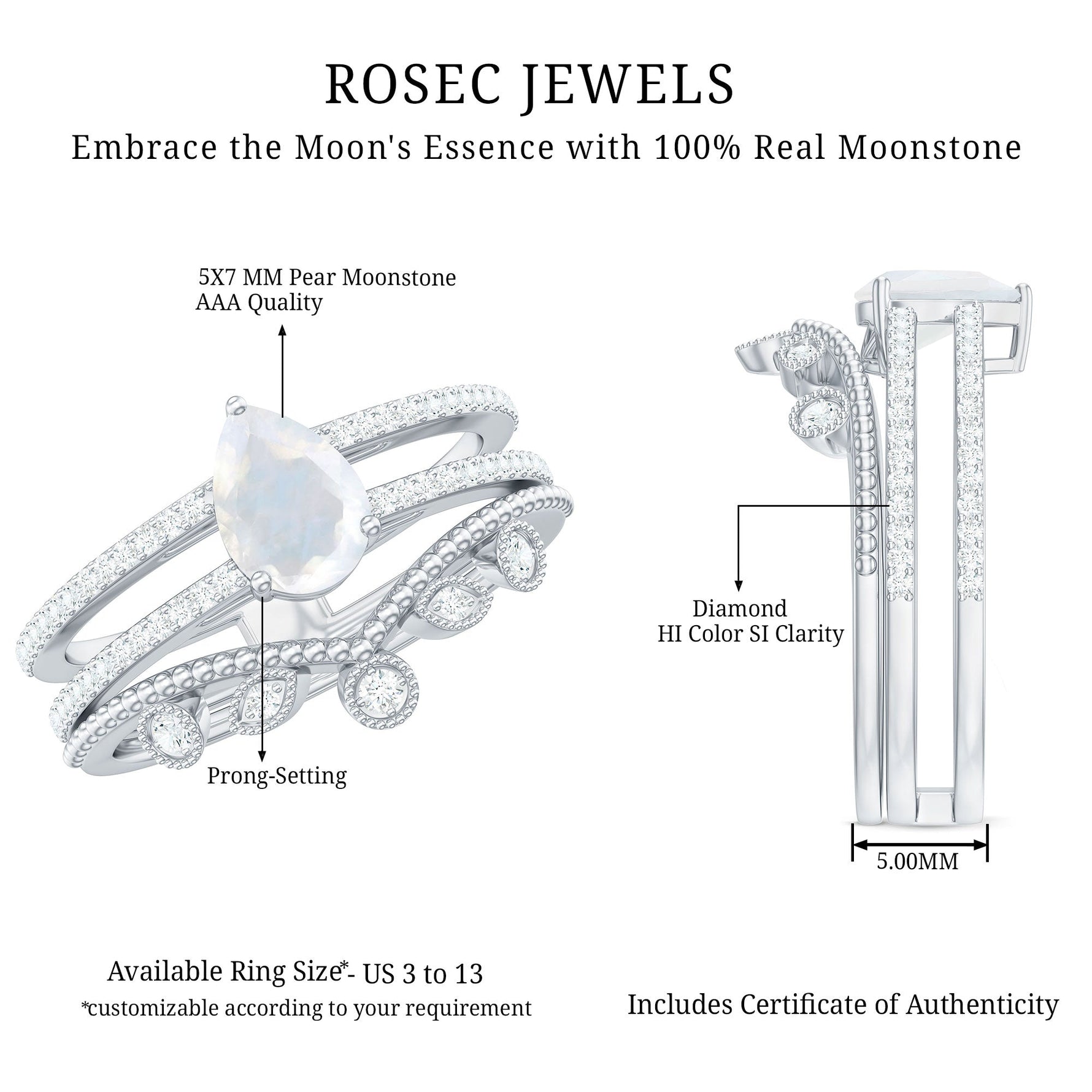 Pear Cut Natural Moonstone and Diamond Wedding Ring Set