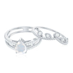 Pear Cut Natural Moonstone and Diamond Wedding Ring Set