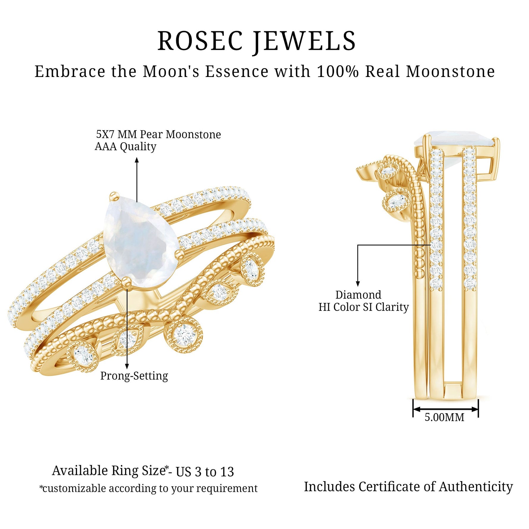 Pear Cut Natural Moonstone and Diamond Wedding Ring Set