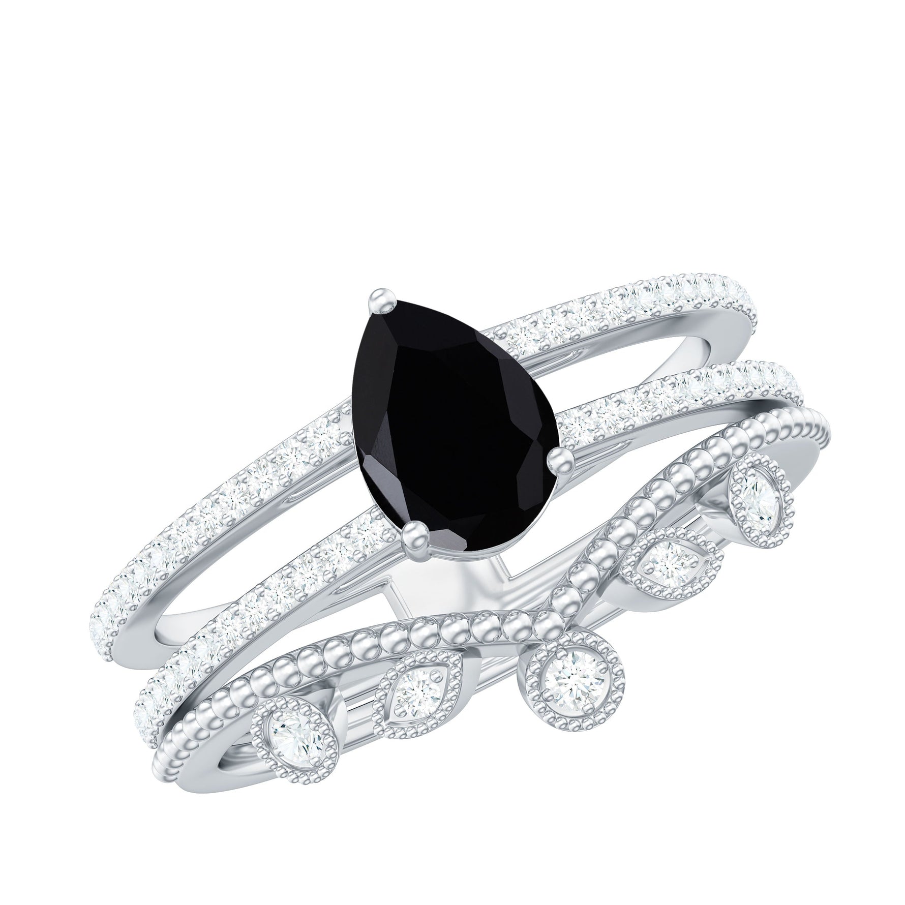 Pear Cut Real Black Spinel and Diamond Wedding Ring Set