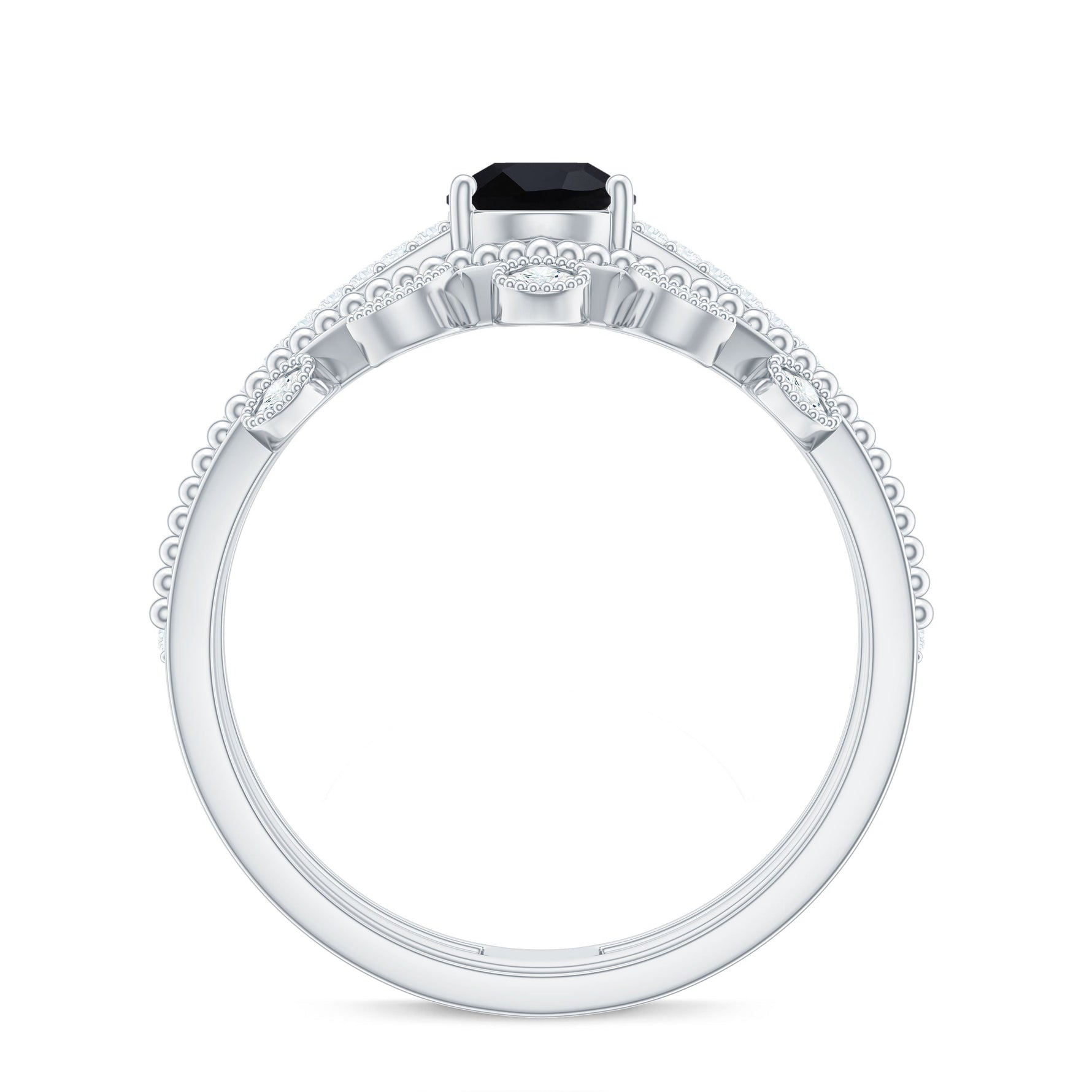 Pear Cut Real Black Spinel and Diamond Wedding Ring Set