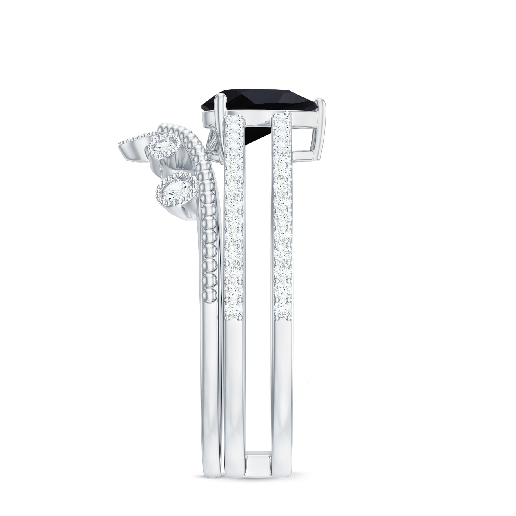 Pear Cut Real Black Spinel and Diamond Wedding Ring Set