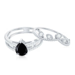 Pear Cut Real Black Spinel and Diamond Wedding Ring Set