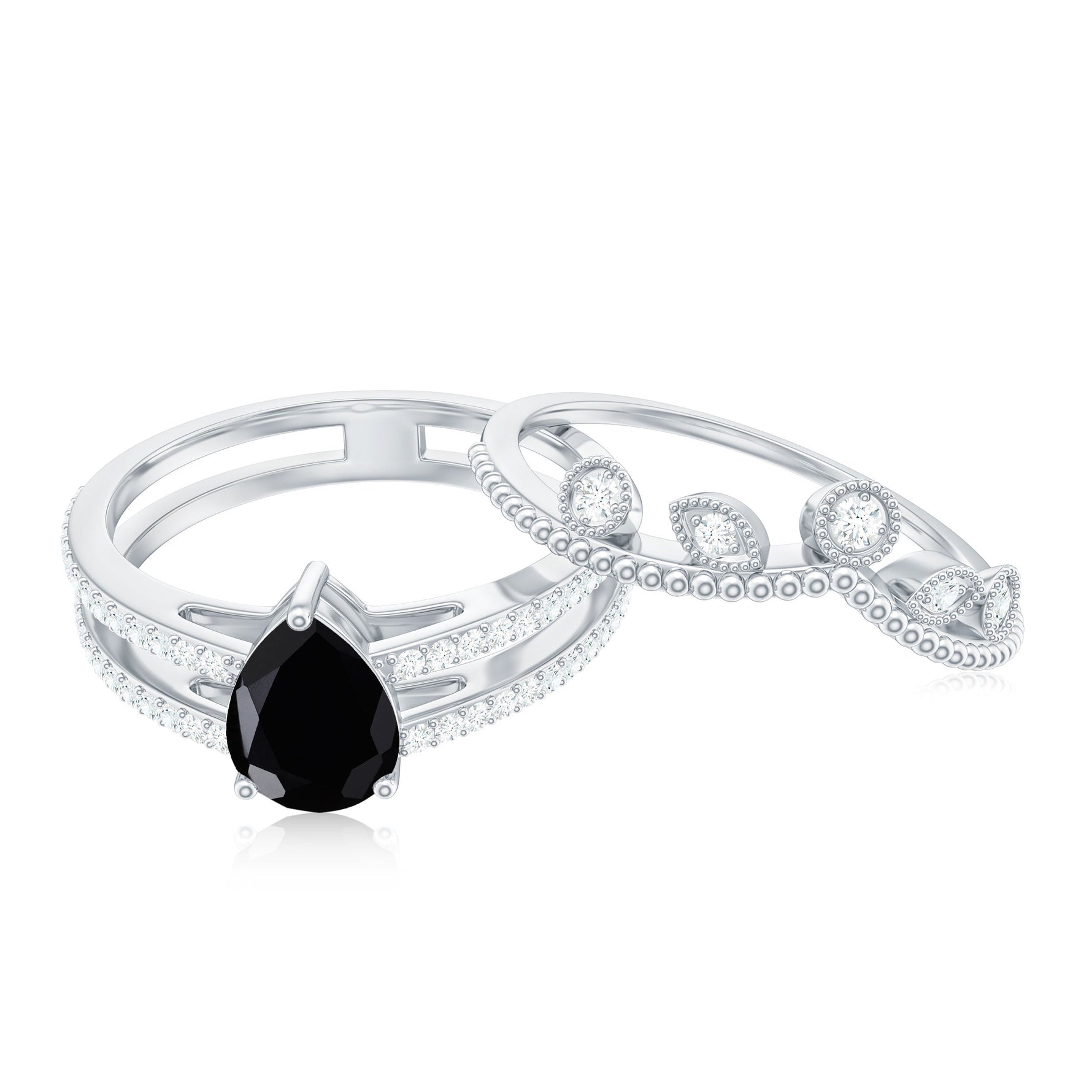 Pear Cut Real Black Spinel and Diamond Wedding Ring Set