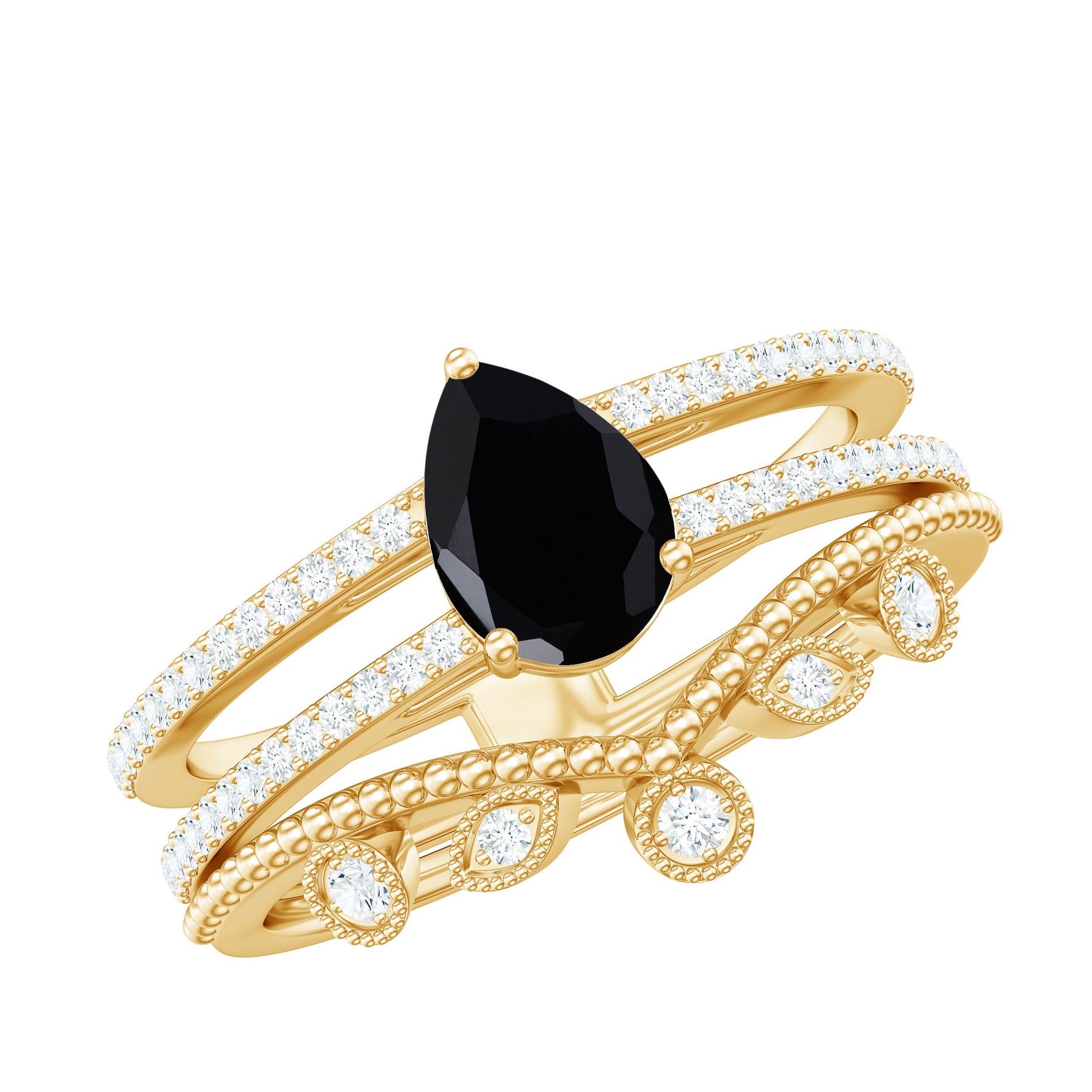 Pear Cut Real Black Spinel and Diamond Wedding Ring Set