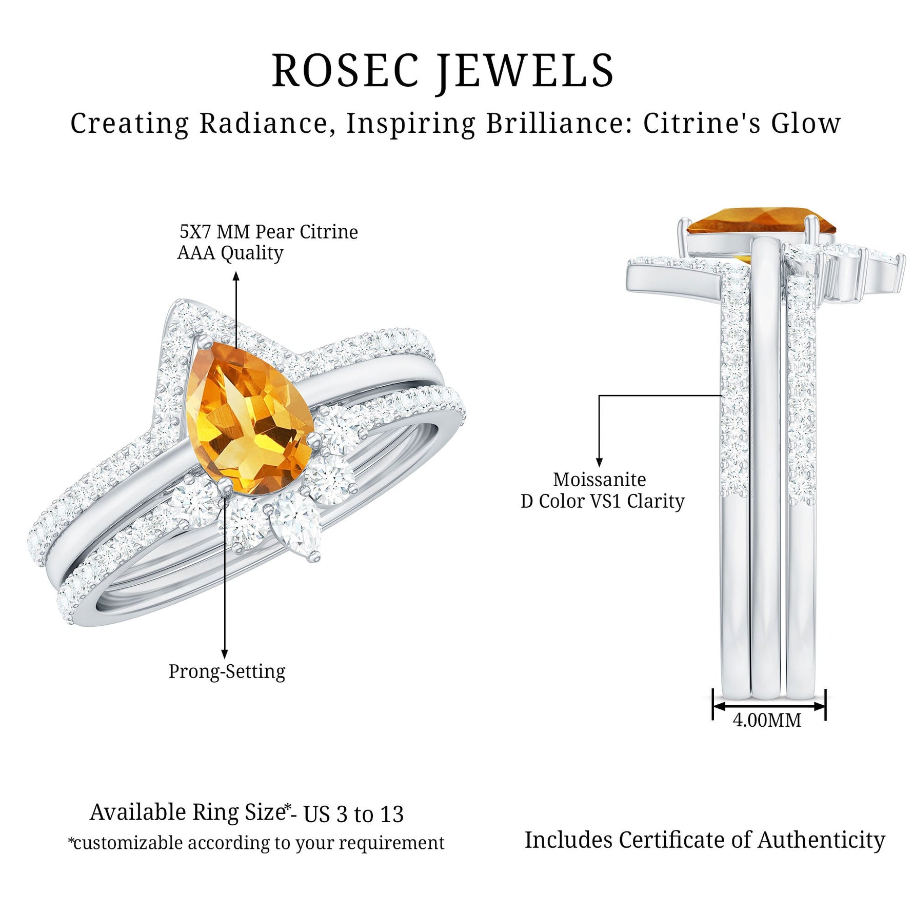 Pear Cut Citrine Trio Wedding Ring Set with Moissanite