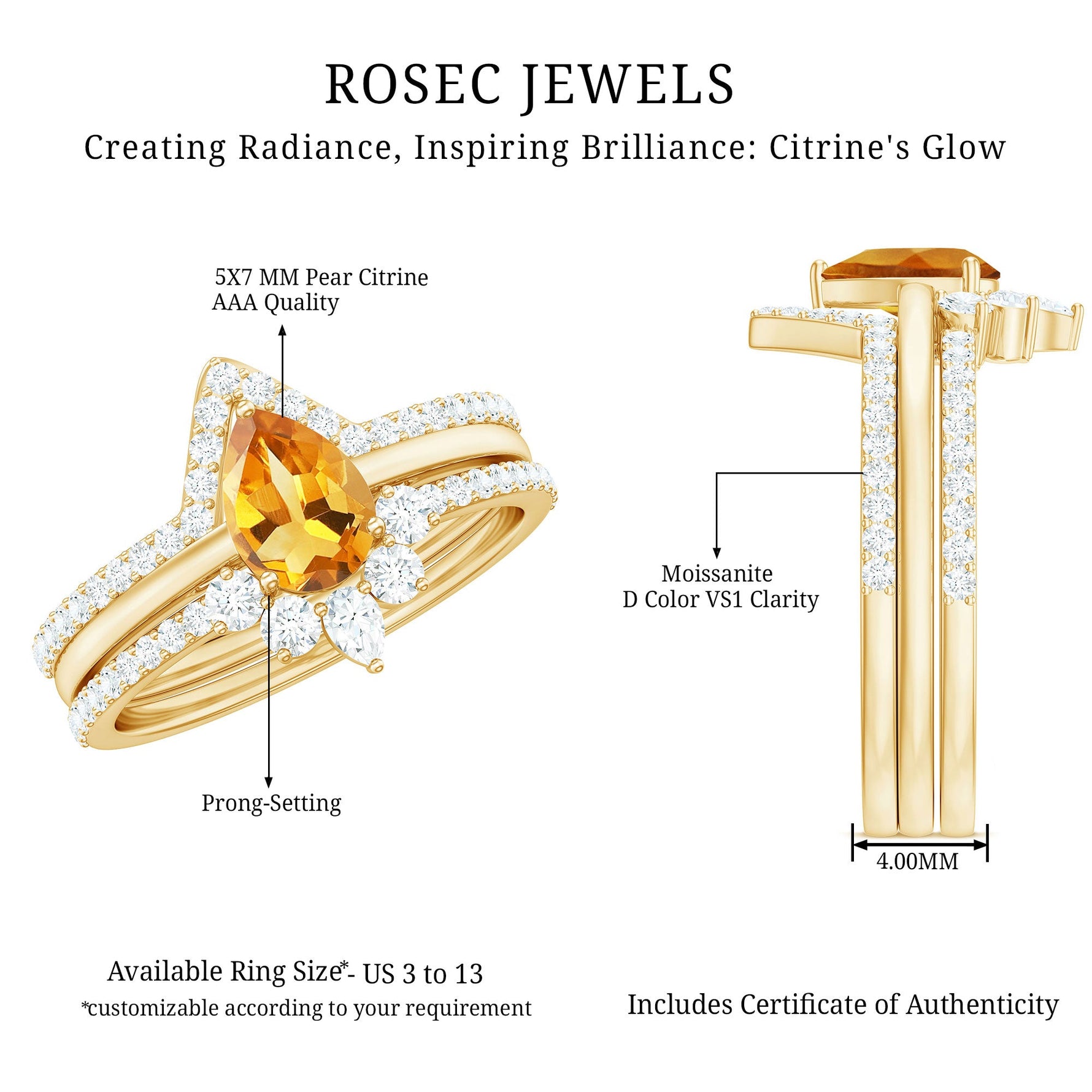 Pear Cut Citrine Trio Wedding Ring Set with Moissanite