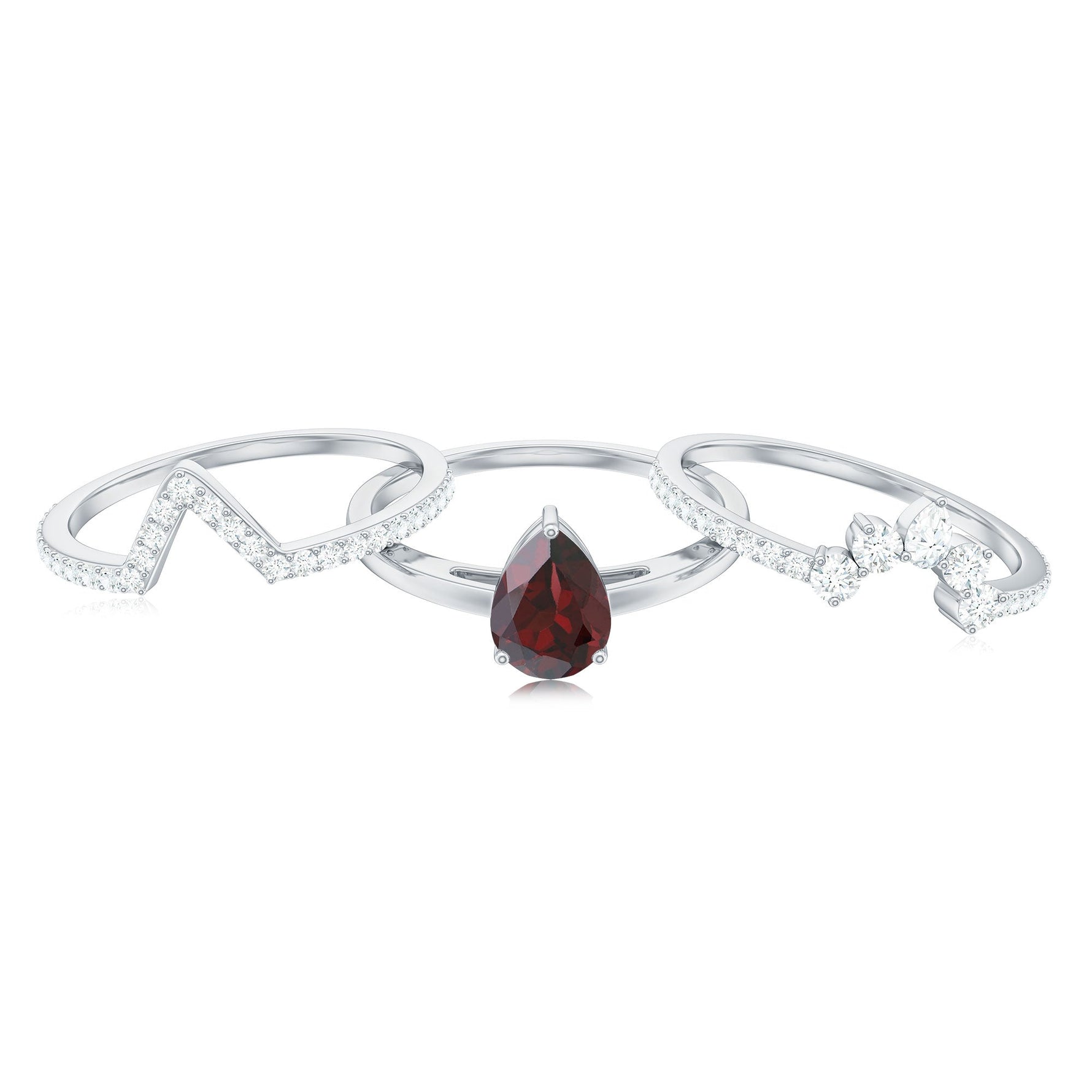 Natural Pear Shaped Garnet Diamond 3 Piece Bridal Ring Set