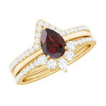 Natural Pear Shaped Garnet Diamond 3 Piece Bridal Ring Set