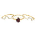Natural Pear Shaped Garnet Diamond 3 Piece Bridal Ring Set