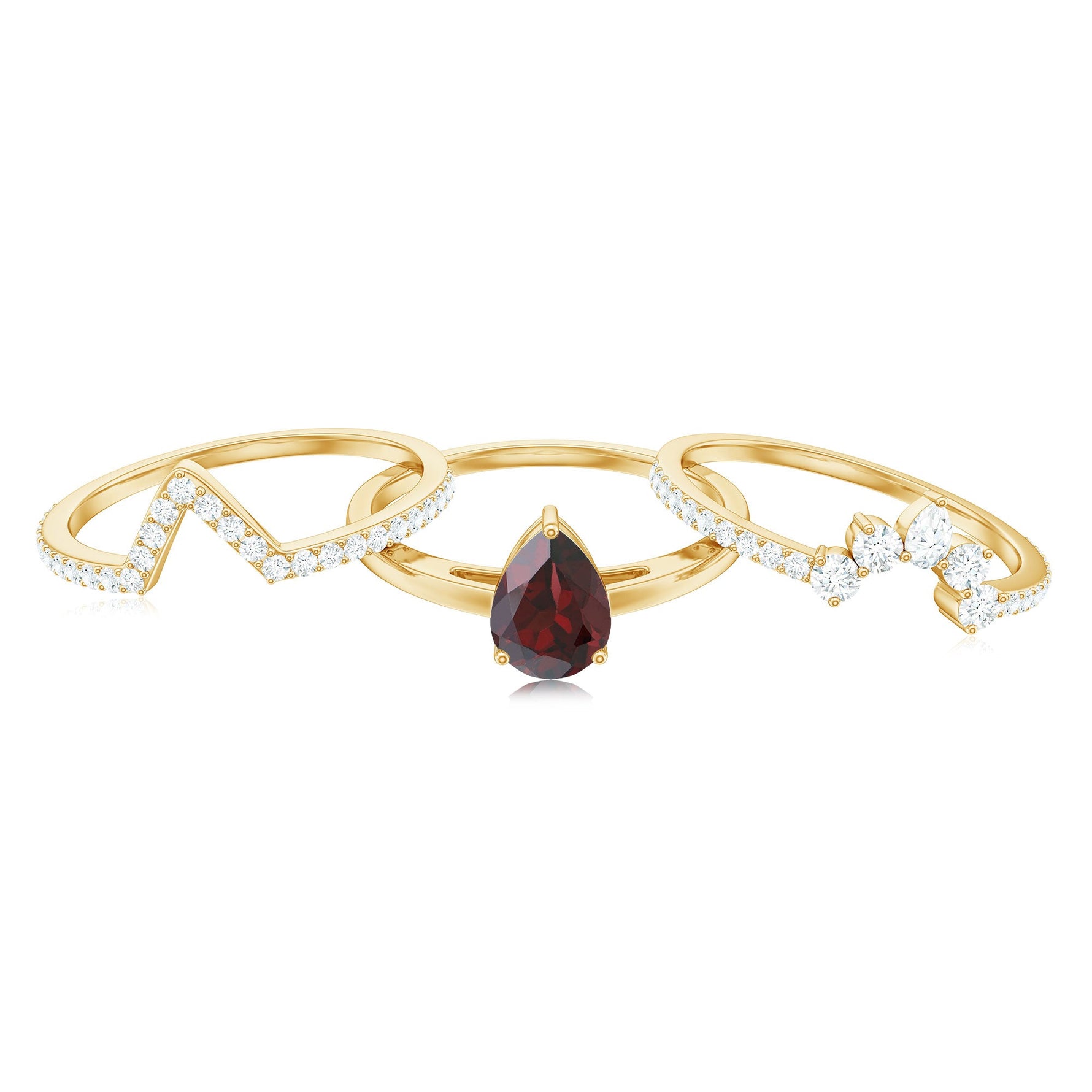 Natural Pear Shaped Garnet Diamond 3 Piece Bridal Ring Set