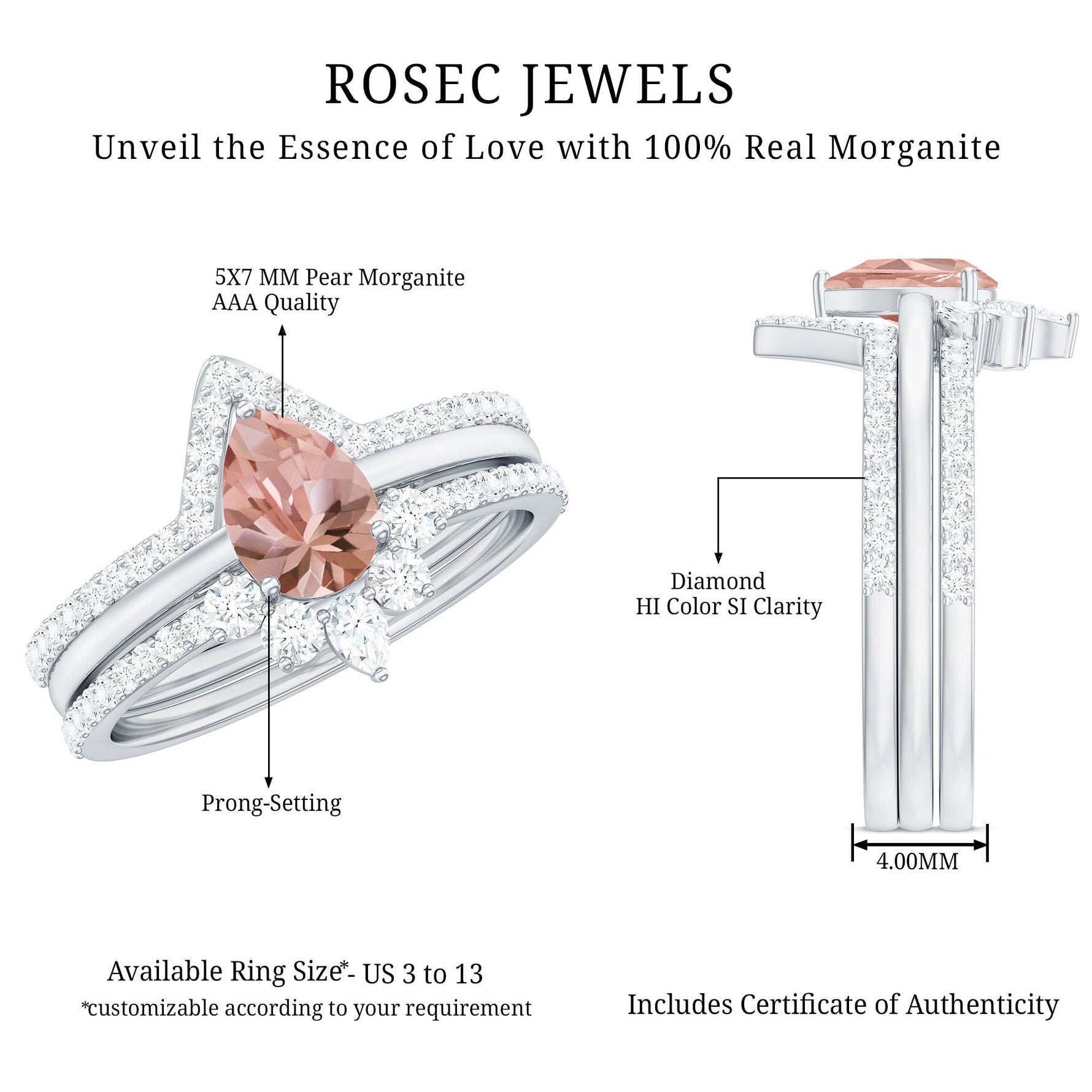Morganite Trio Wedding Ring Set with Diamond
